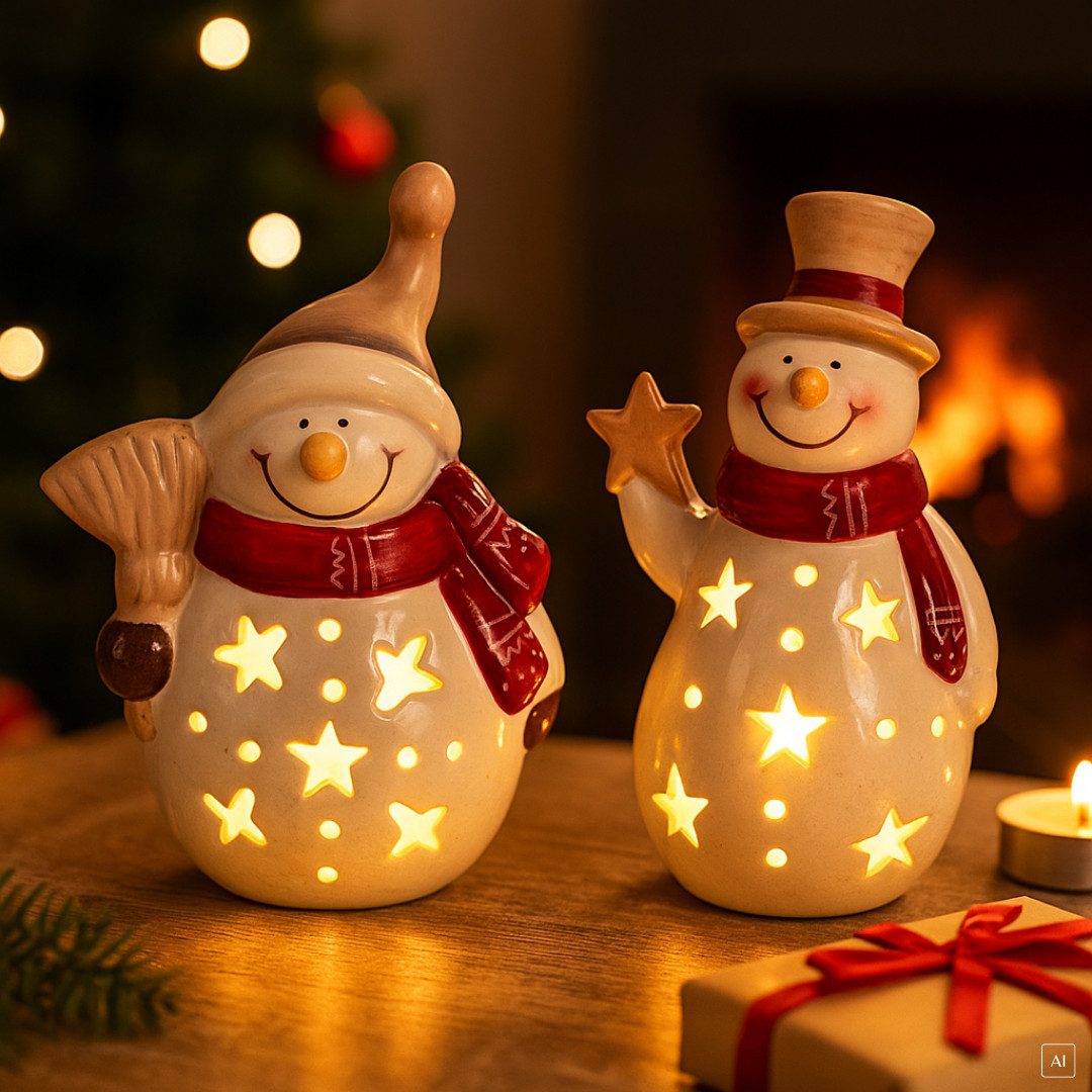 abc HOME LED-Dekofigur Dekofiguren Schneemänner, Keramik, Batteriebetrieben