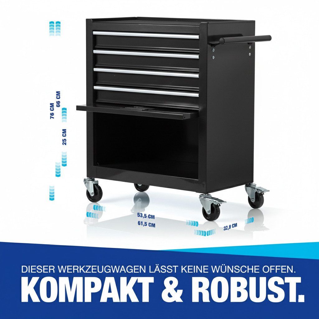 NTG Werkstattwagen inkl. Werkzeug 70 Teile - 4 Schubladen - Kugelgelagerte Schubladen, Blackline, 70-tlg. Werkzeugset, (70-tlg), Transportsicherung - 2 Rollen m. Feststellbremse - Werkzeugwagen