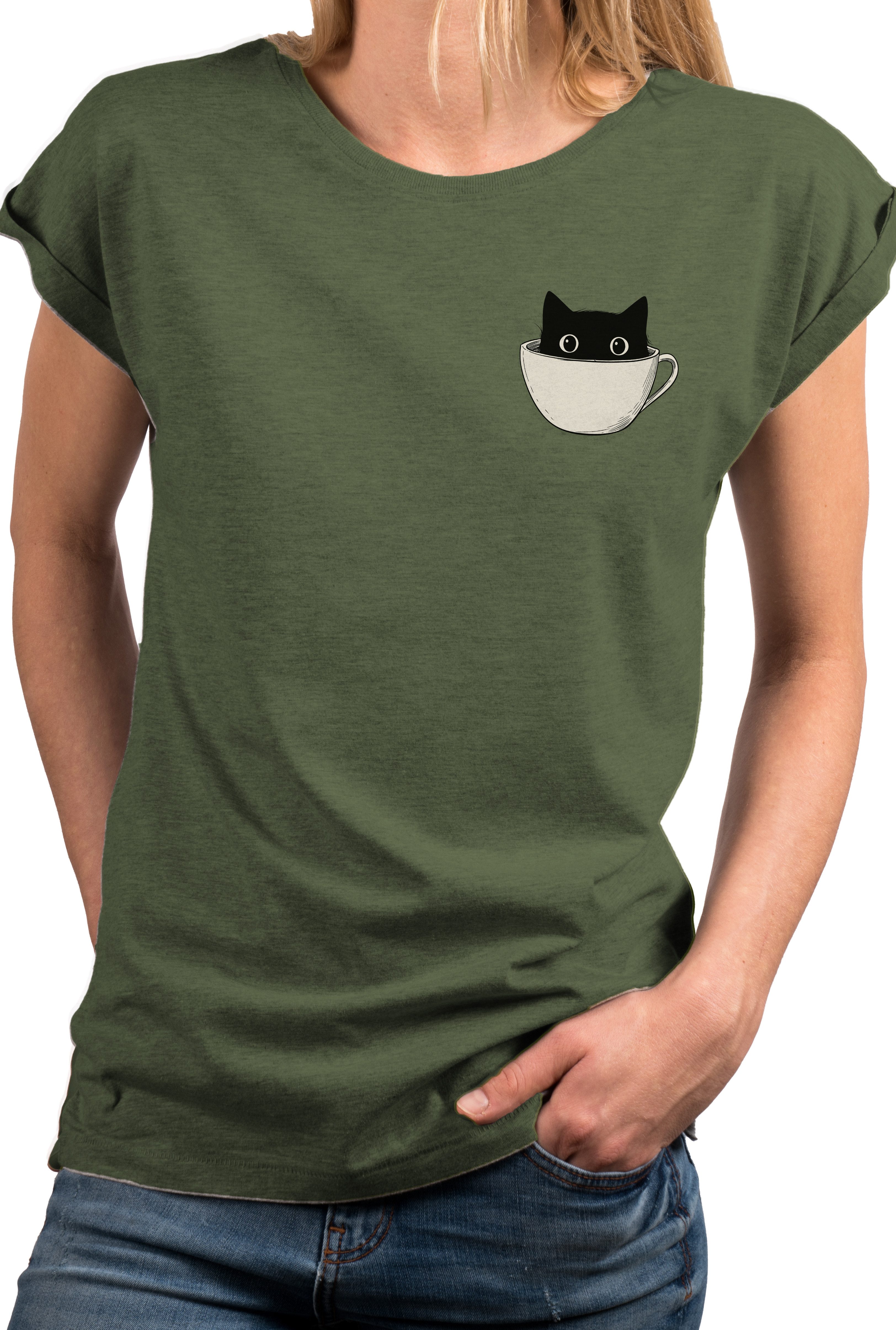 MAKAYA T-Shirt Lustiges Damen-Top mit Katzenmotiv – Katze in Kaffeetasse Print (Weiß, Rosa, Hellgrau, Grün, Dunkelgrau, Blau, Schwarz, 34, 36, 38, 40, 42, 44, 46, 48, 50) Baumwolle