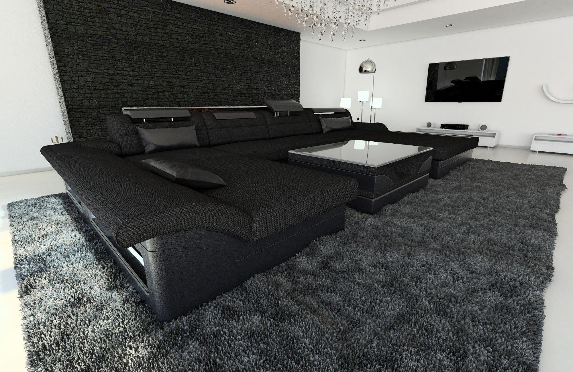 U Schwarz-Schwarz LED, Sofa Couch Stoffsofa, Bettfunktion, H14 Stoff Monza Polster Form Wohnlandschaft Designersofa ausziehbare mit Dreams