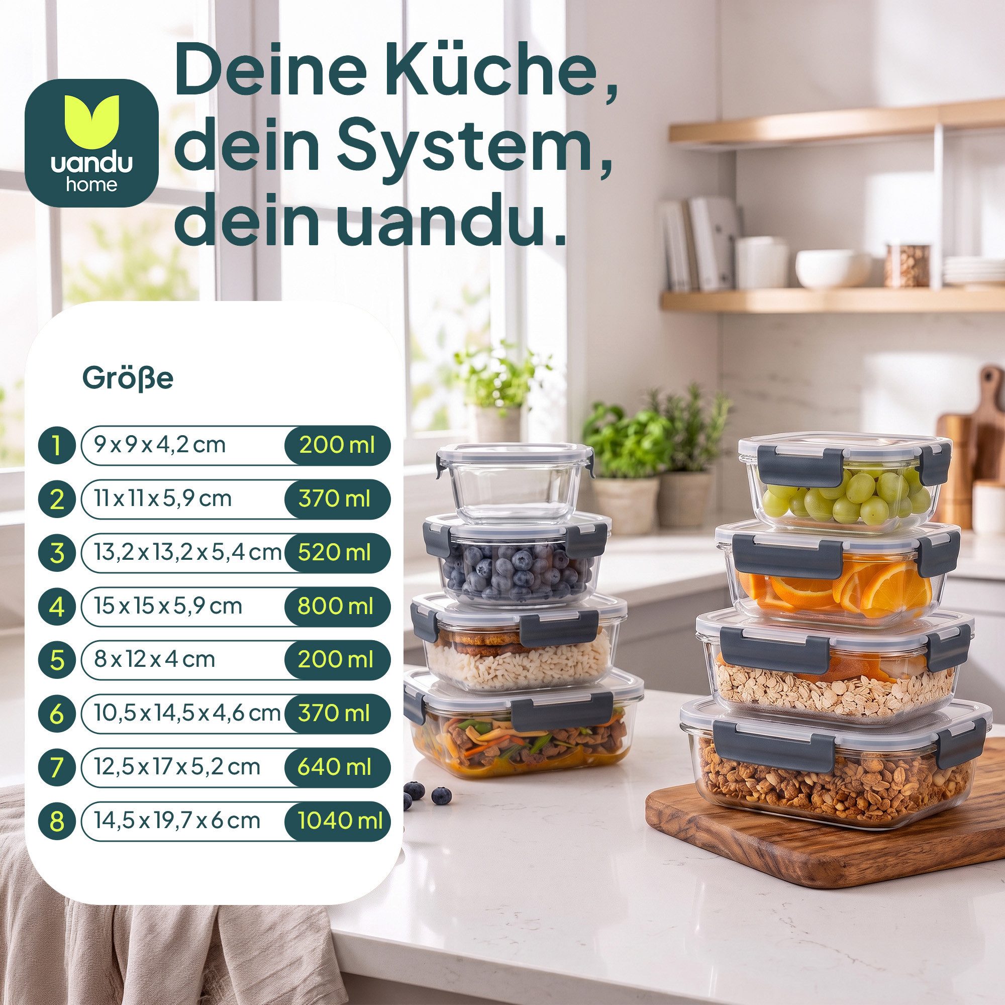 uandu home Frischhaltedose Glasbehälter mit Deckel, Frischhaltedosen Glas mit Deckel, (glasdosen mit deckel set, glas tupper mit deckel, glass food container, f – Bild 2 von 5