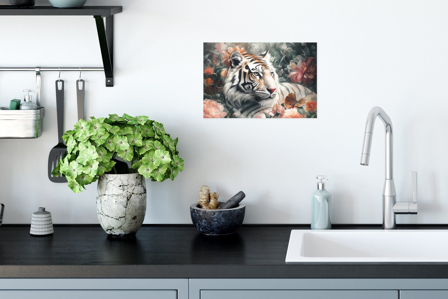 Wildtiere - Dschungel, Ohne Blumen St), Rahmen Poster, Wandposter Poster für (1 Wandbild, MuchoWow Tiger - - Wohnzimmer,