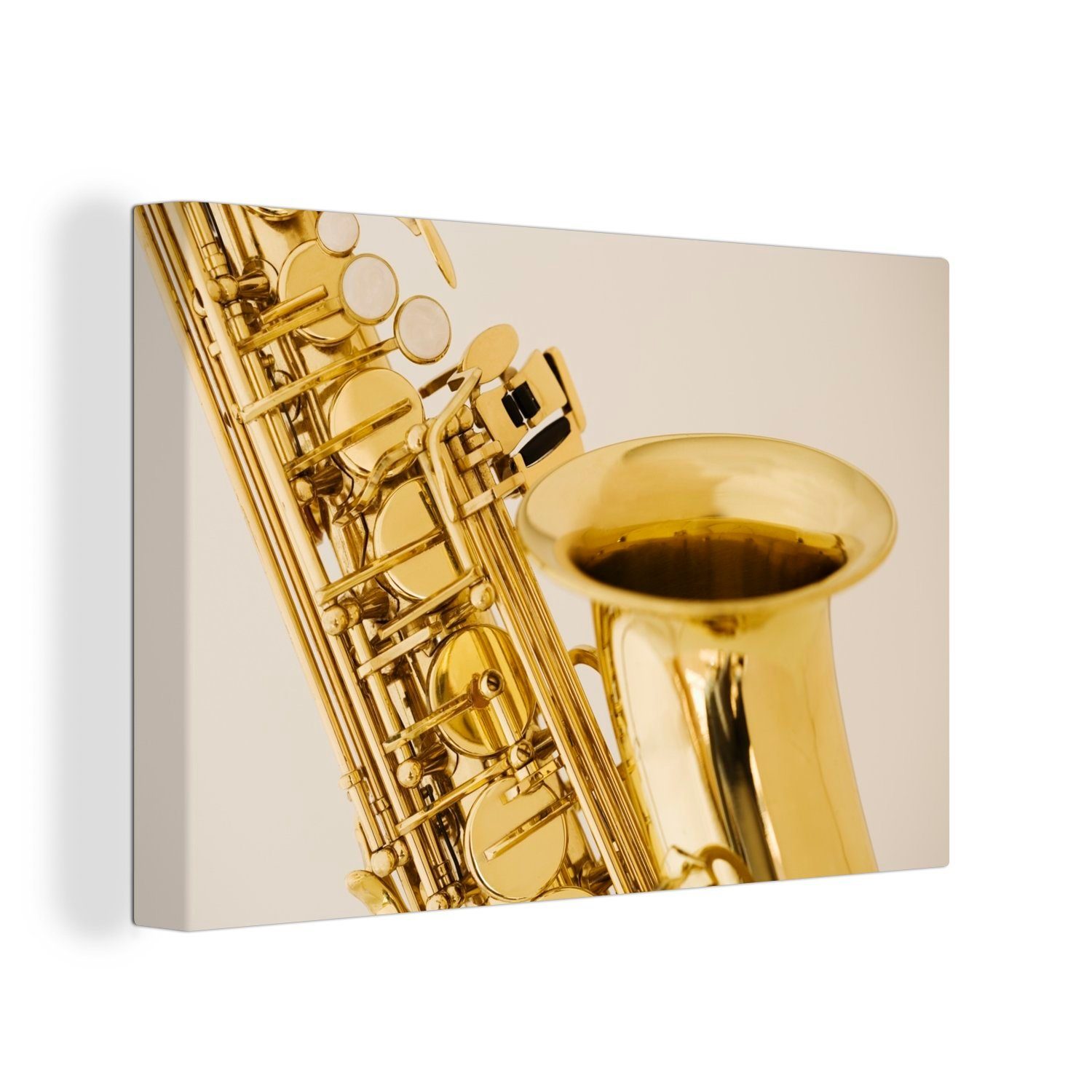 OneMillionCanvasses® Leinwandbild Nahaufnahme eines goldenen cm Wandbild (1 St), Aufhängefertig, Saxophons, 30x20 Wanddeko, Leinwandbilder