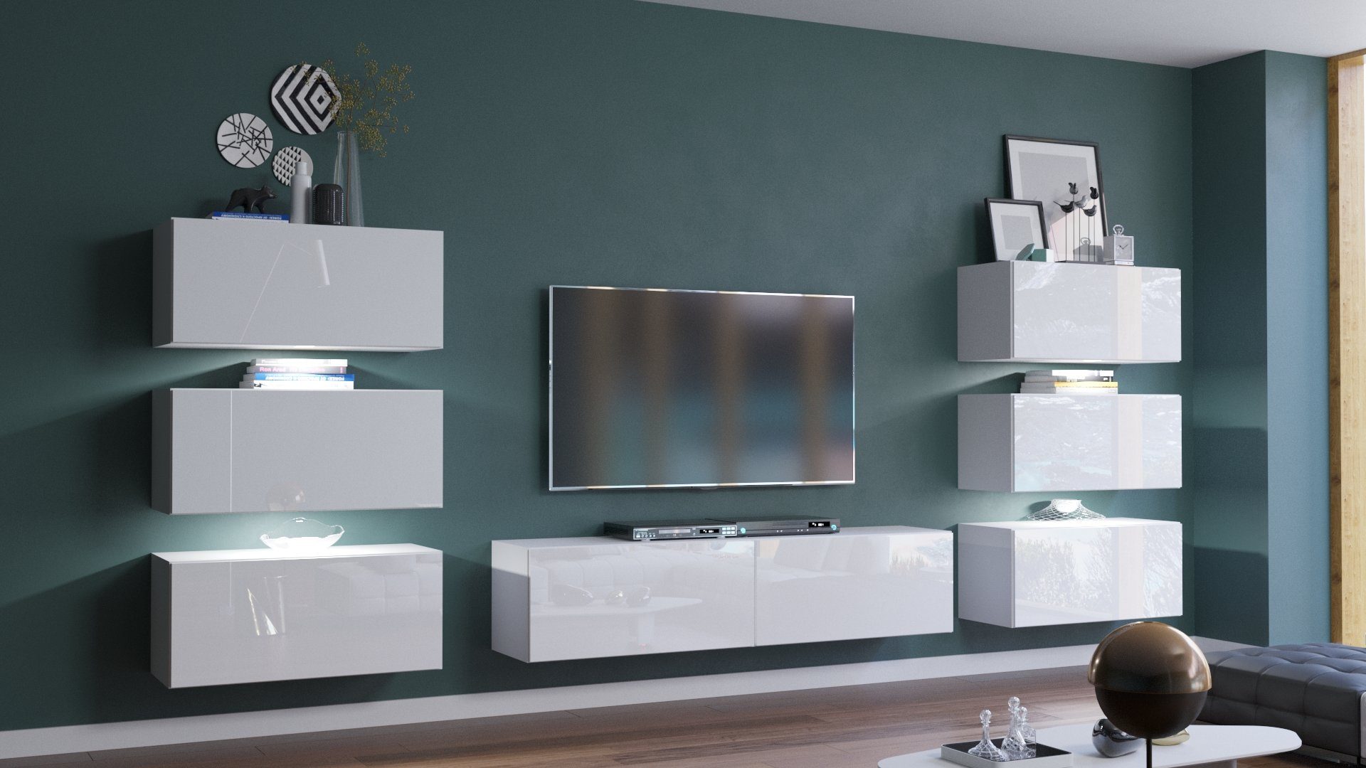 8-St., für - Beleuchtung Hochwertige und Elegantes Set, - ROYAL24_MARKT Wohnwand: Qualität Wohnwand Material Design (Komplett Premium Innovation Wohnwand), dein - Wohnzimmer, Weiß Premium