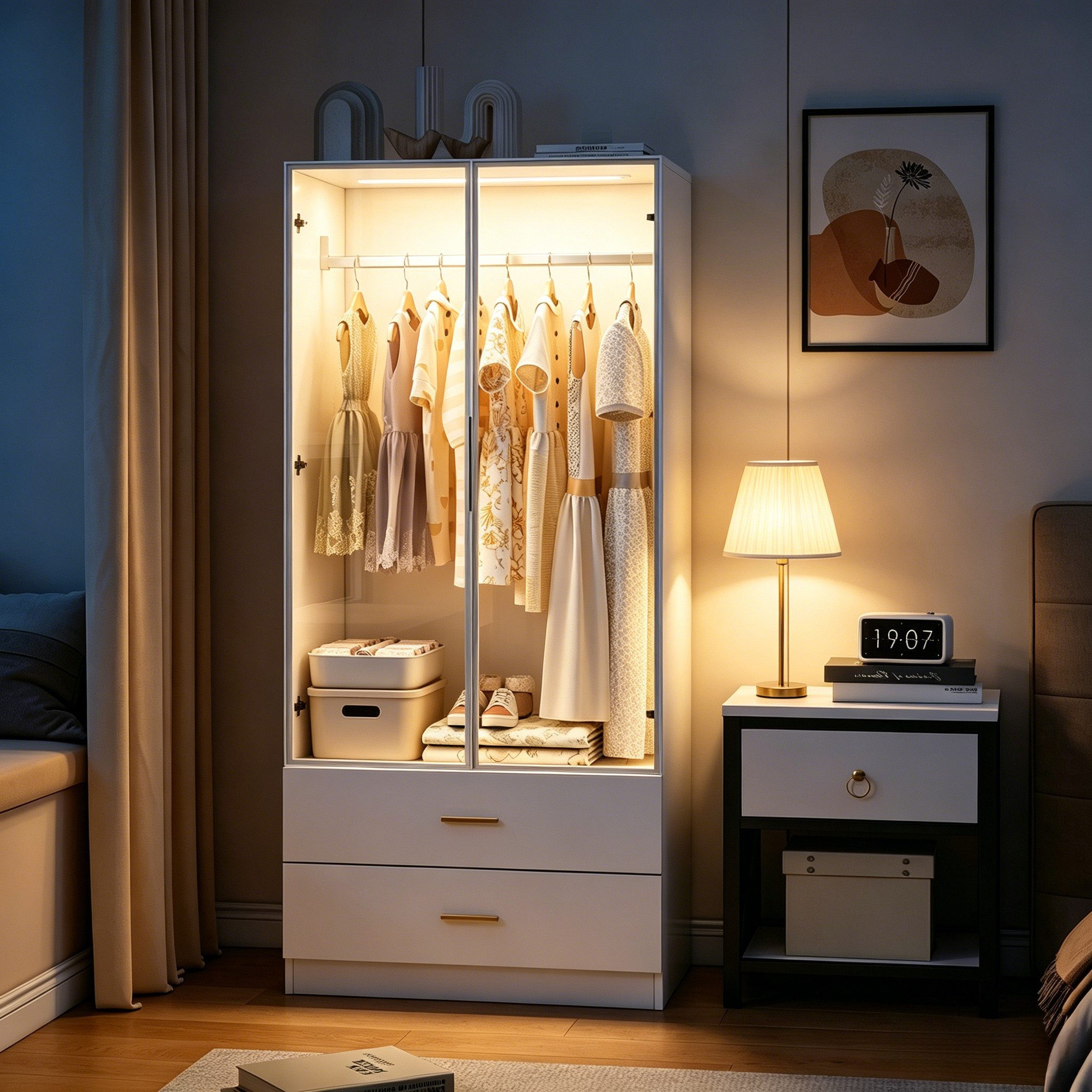 Furnishings Home Kleiderschrank Schlafzimmerschrank Schrank garderobe LED, Höhe: 175 cm (2 Türen, 2 Schubladen, 1 Kleiderstange) Universalschrank mit LED-Beleuchtung Wäscheleine