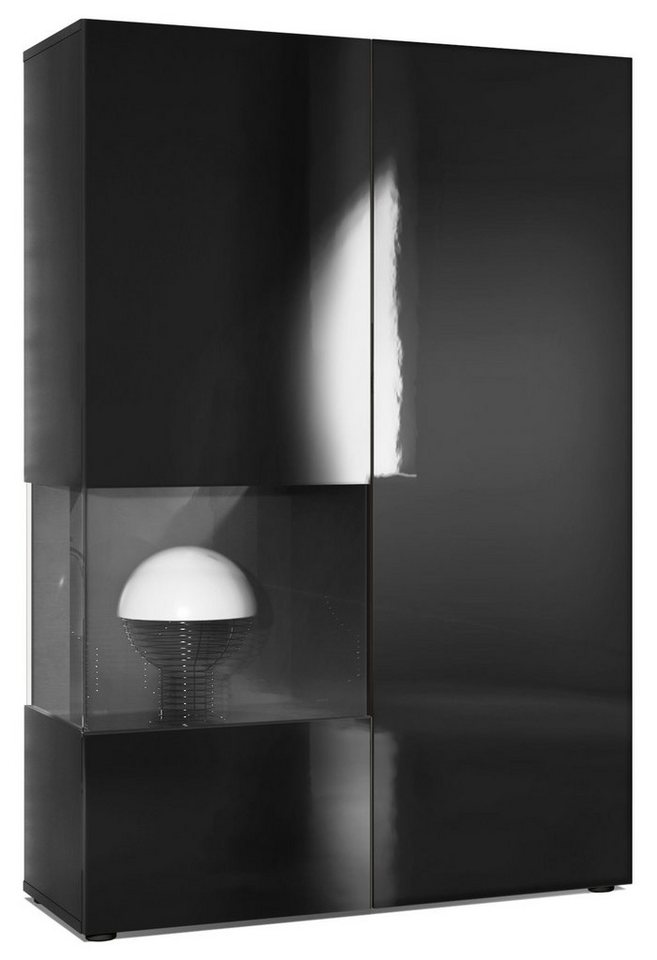 Vladon Standvitrine Morena (Standvitrine, mit 2 Türen dahinter ingesamt 7 Fächer) Schwarz matt/Schwarz Hochglanz (92 x 135 x 37 cm)