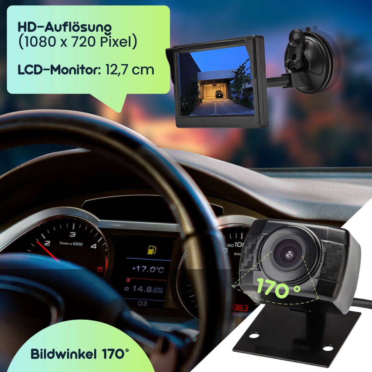Casativo Funk-Rückfahrkamera 5" Farb-Monitor HD Einparkhilfe für Auto & Caravan Rückfahrkamera (5" LCD-Display, 170° HD, AHD, Farb-IR-Nachtsicht & 12V)
