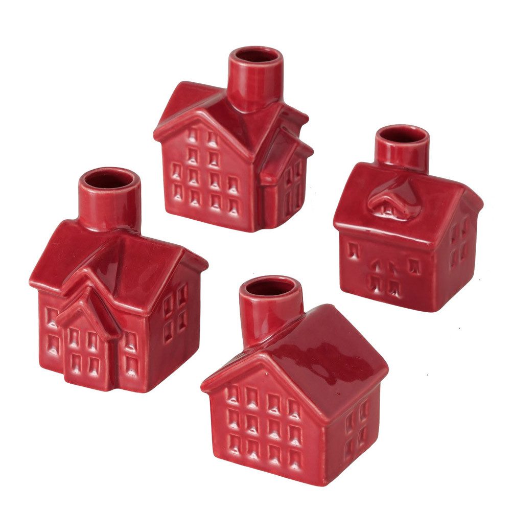 BOLTZE Kerzenhalter 4tlg. Kerzenhalter GOD JUL rot Porzellan Haus Kerzenhaus Dekohaus Adve (Set, 4er Set)