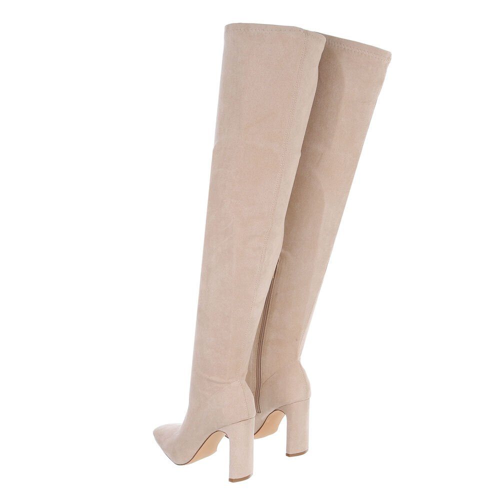 Ital-Design Damen Abendschuhe Party & Clubwear Overkneestiefel Blockabsatz High-Heel Stiefel in Beige