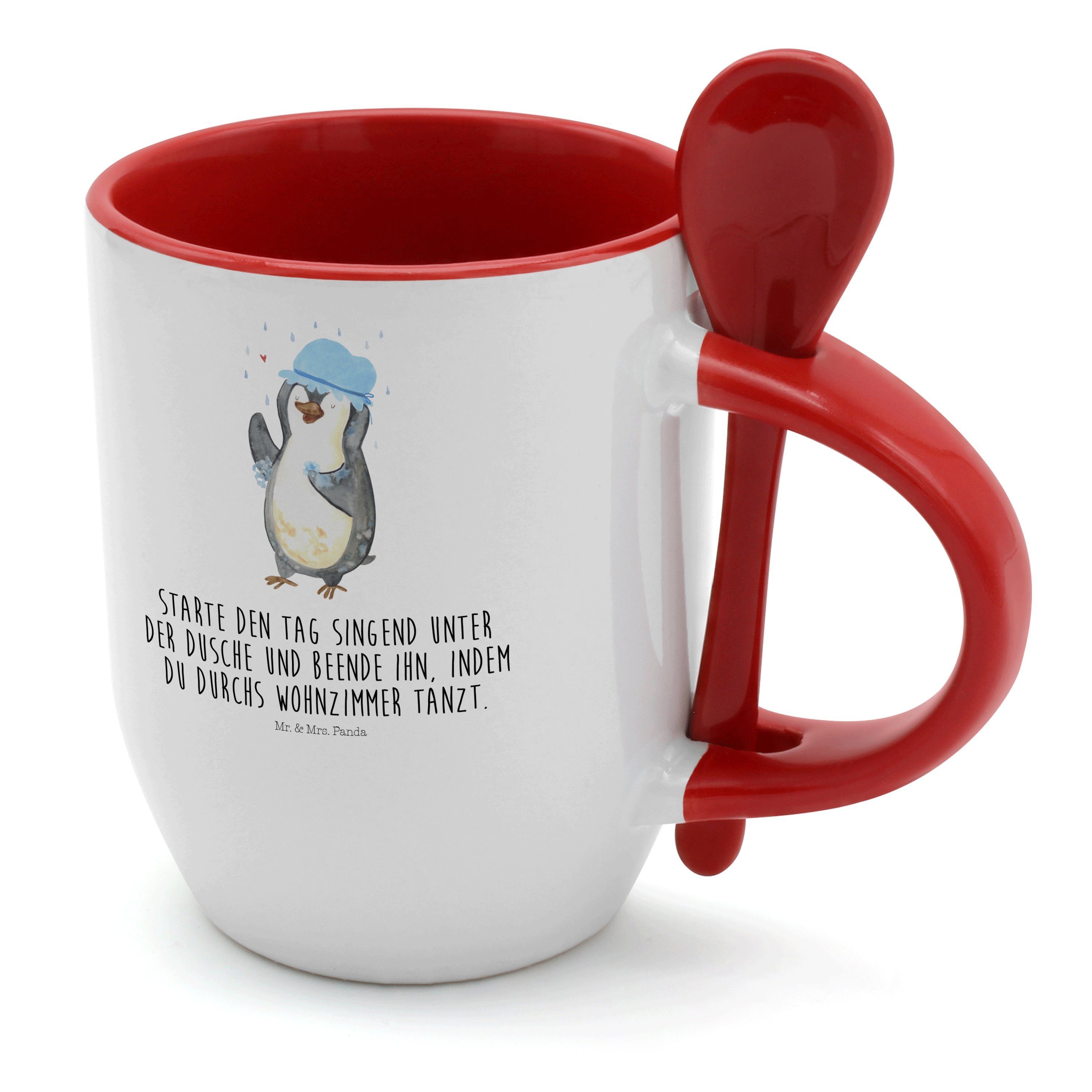 Mr. & Mrs. Panda Tasse Pinguin duscht - Weiß - Geschenk, Kaffeebecher, singen, Kaffeetasse, Keramik