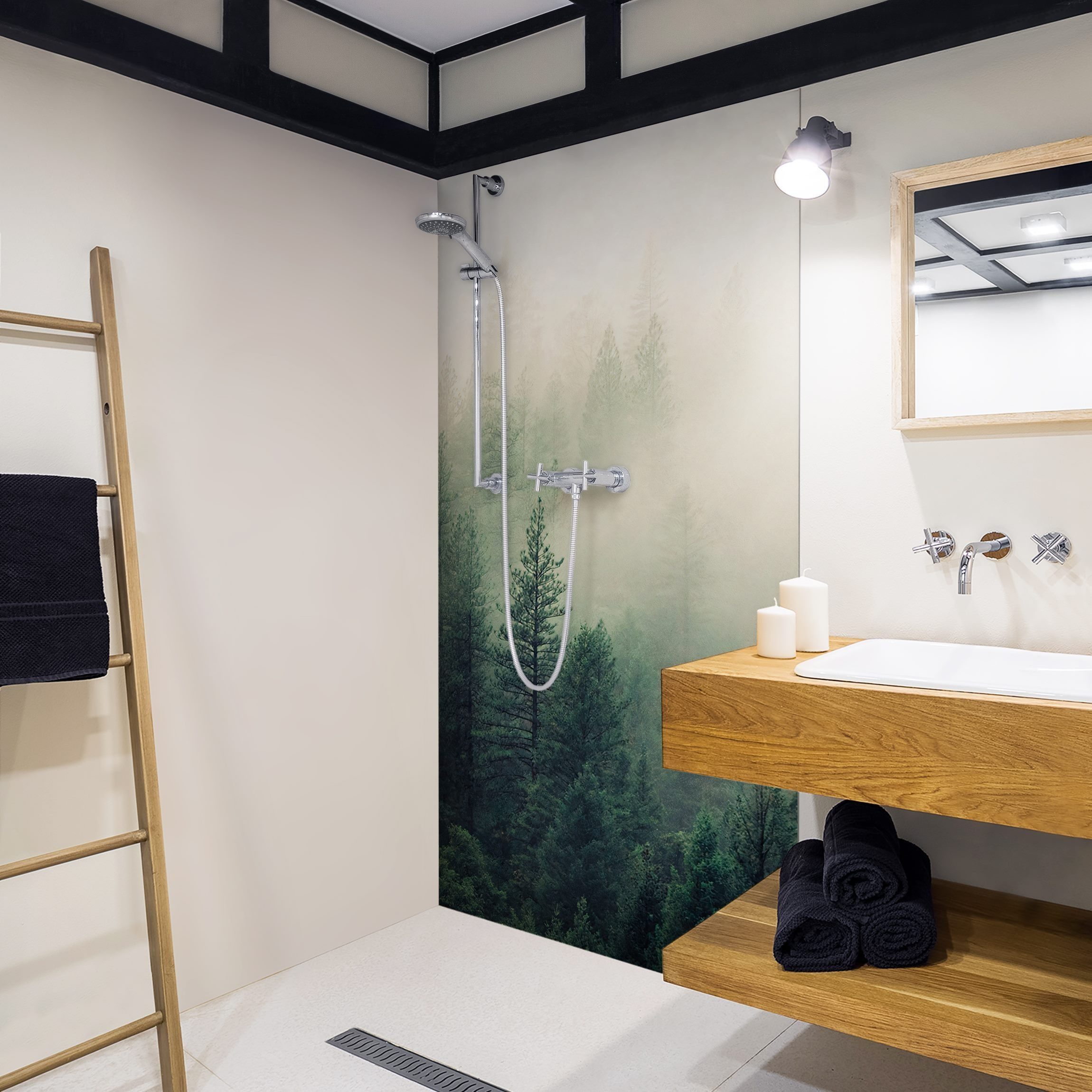 Bilderdepot24 Duschrückwand Fliesen Wald grün Duschrückwand ohne Bohren Dusche Natur, (1-tlg., 0,61 mm starke Folie selbstklebend Wandpaneele Dusche versch. Größen), fugenlose & wasserfeste Motiv Rückwand Wandverkleidung für Duschkabine