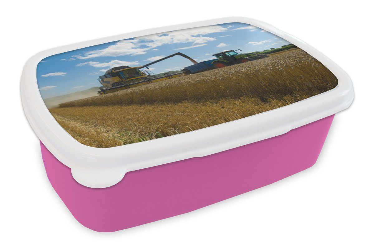 MuchoWow Lunchbox Traktor - (2-tlg), Kunststoff Mädchen, Brotbox Brotdose - - Erwachsene, Kunststoff, Ernte Landleben Snackbox, Getreide, Kinder, Bauernhof für - rosa