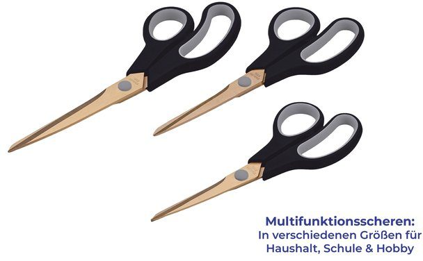 Maximex Universalschere, (Set, 5-tlg), Titan Schwarz beschichtet Scherenklingen: Griffe: Goldfarben