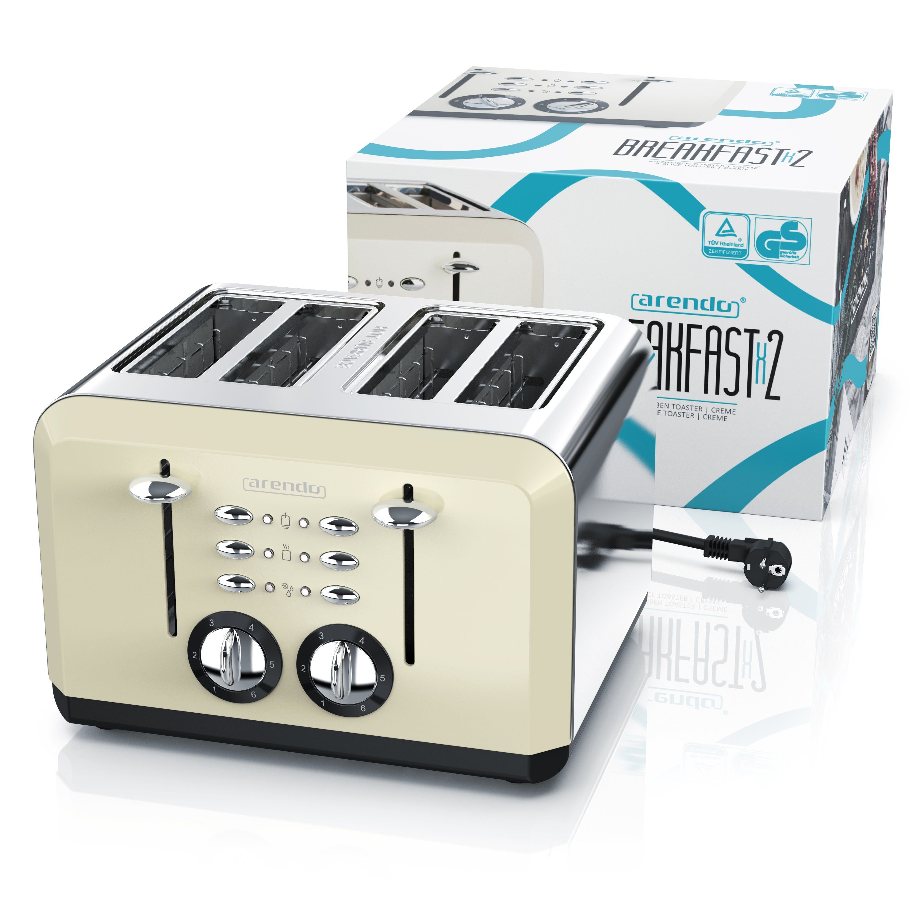 Edelstahl, Automatik, Scheiben, 1630 4 W, 4 Toaster, kurze für Schlitze, beige Doppelwandgehäuse Arendo Wärmeisolierendes