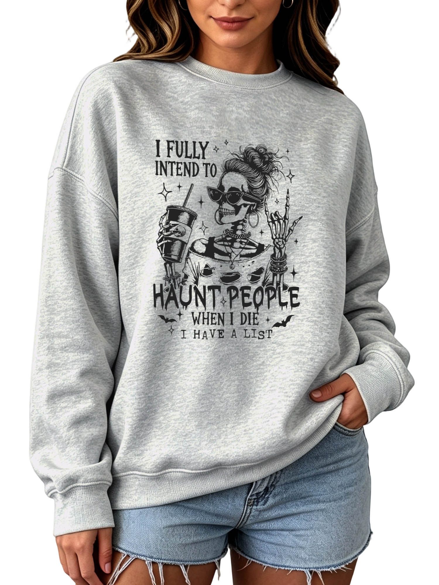 PYLIKE Fleecepullover Damen Rundhals Sweatshirt mit Print, Lockerer Langarm Fleecepullover Bequem für Herbst & Winter