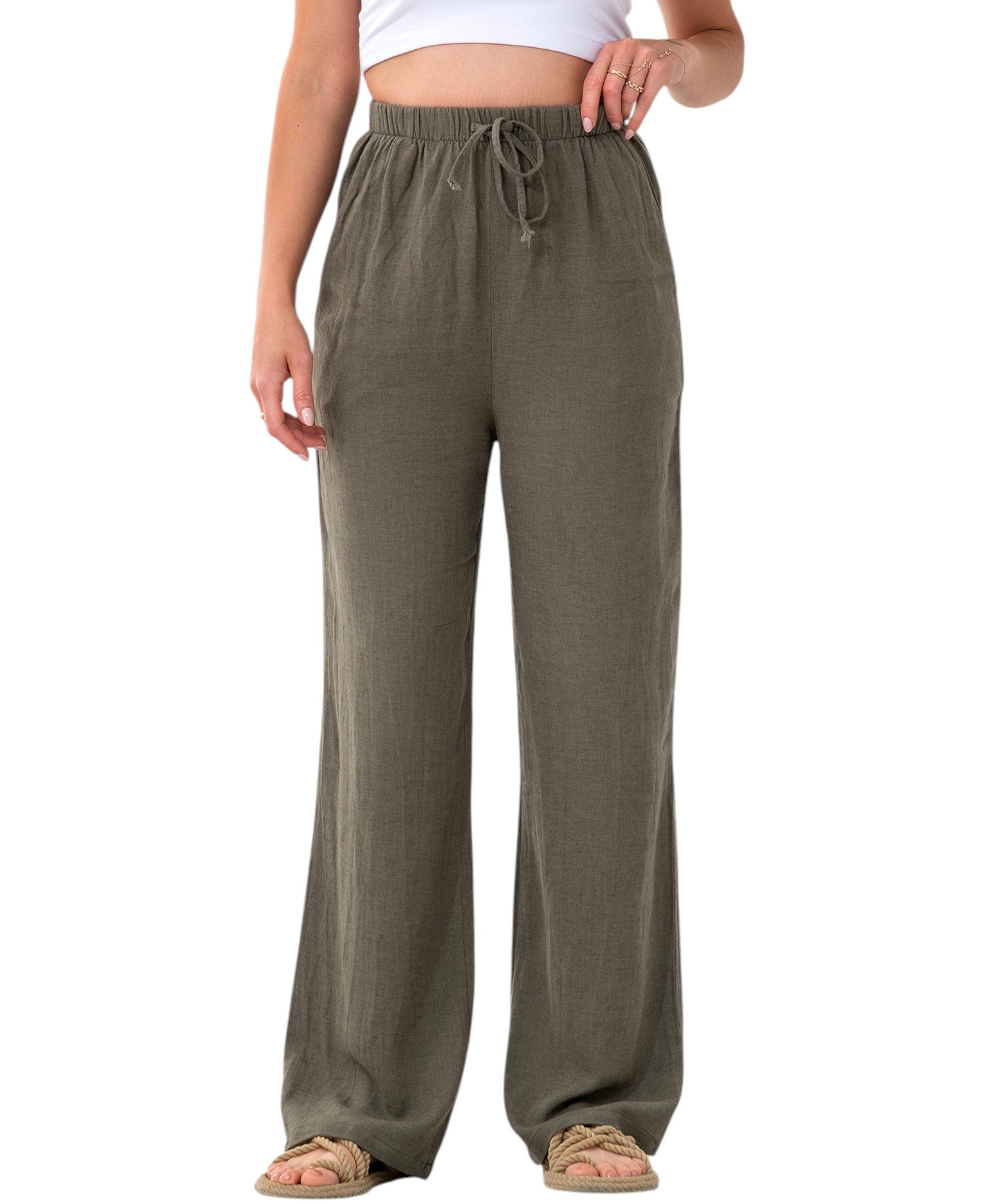 WENOR Leinenhose Damen mit Kordelzug, Hose extra lange Beine aus hochwertigem Leinenmix (1-tlg) 130cm Länge