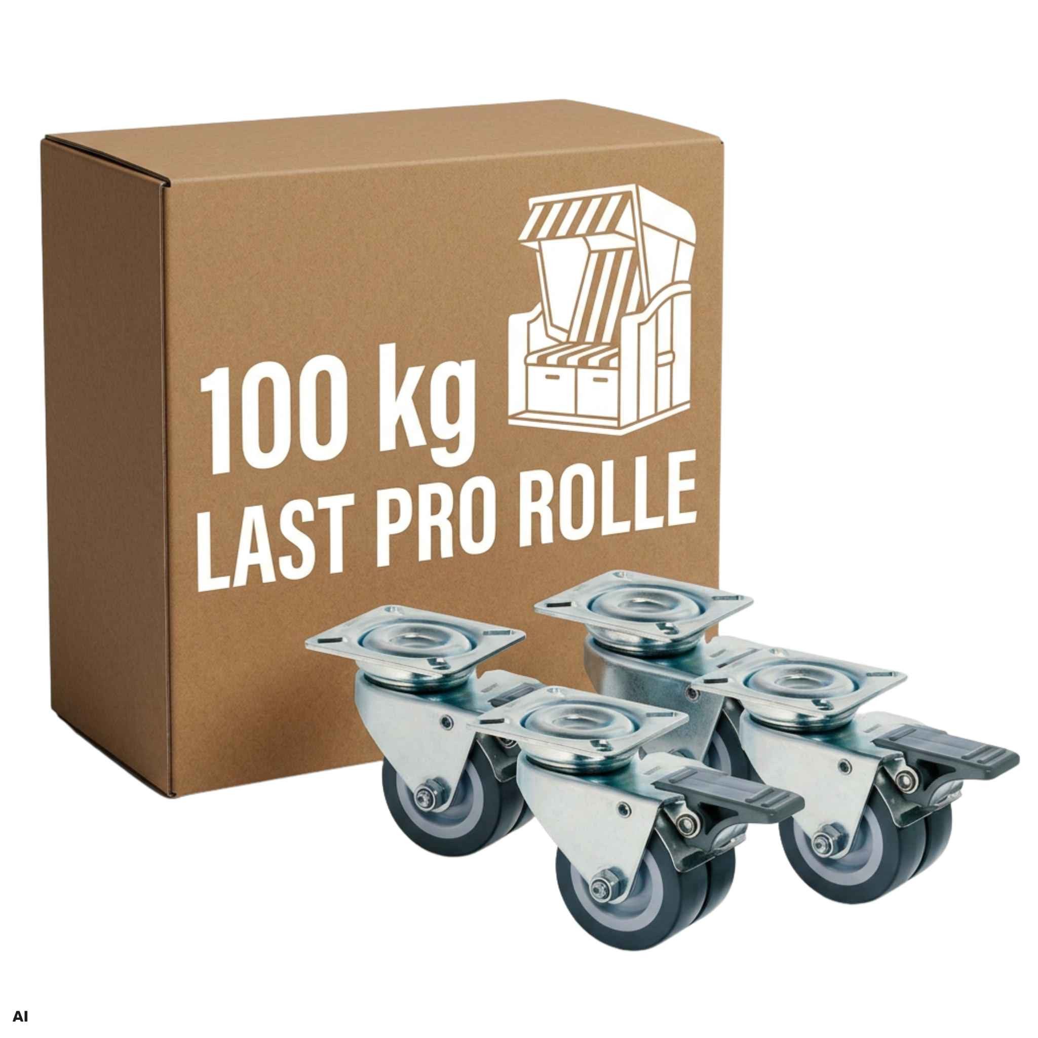 MR.DEKO Strandkorb Doppellenkrollen Möbelrollen mit Feststeller 4er Set, BxTxH: 6x12x7 cm, Für alle handelsüblichen Strandkörbe geeignet, (4er-Set, 4-tlg., 4 Doppellenkrollen aus Metall mit integriertem Feststeller), Strandkorb Rollen Set mit Feststeller