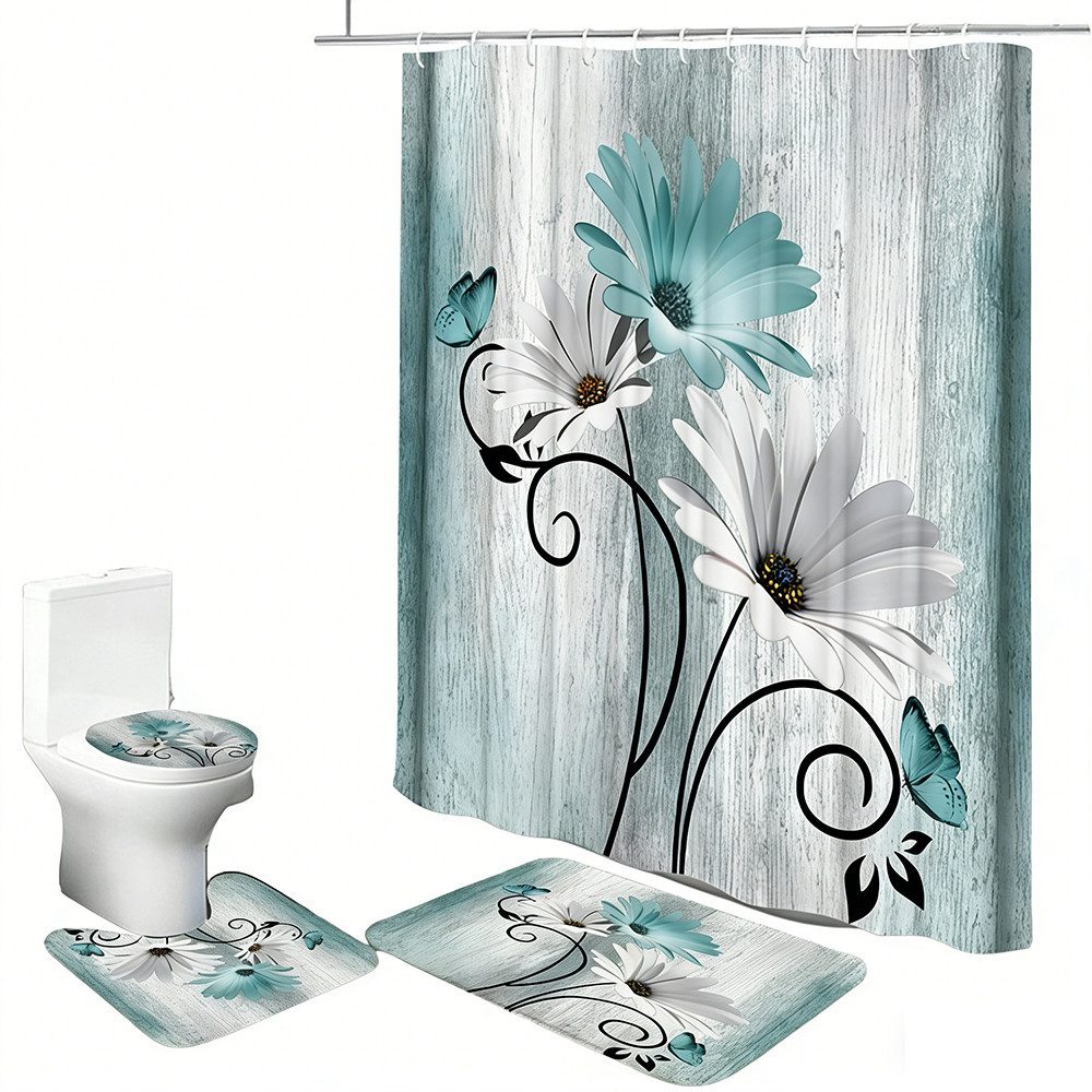 Agger Duschvorhang 4-teiliges Duschvorhang-Set,Wasserfest und rutschfest, mit Haken (4-tlg), mit Badematte, Toilettensitzauflage und U-förmiger Badematte