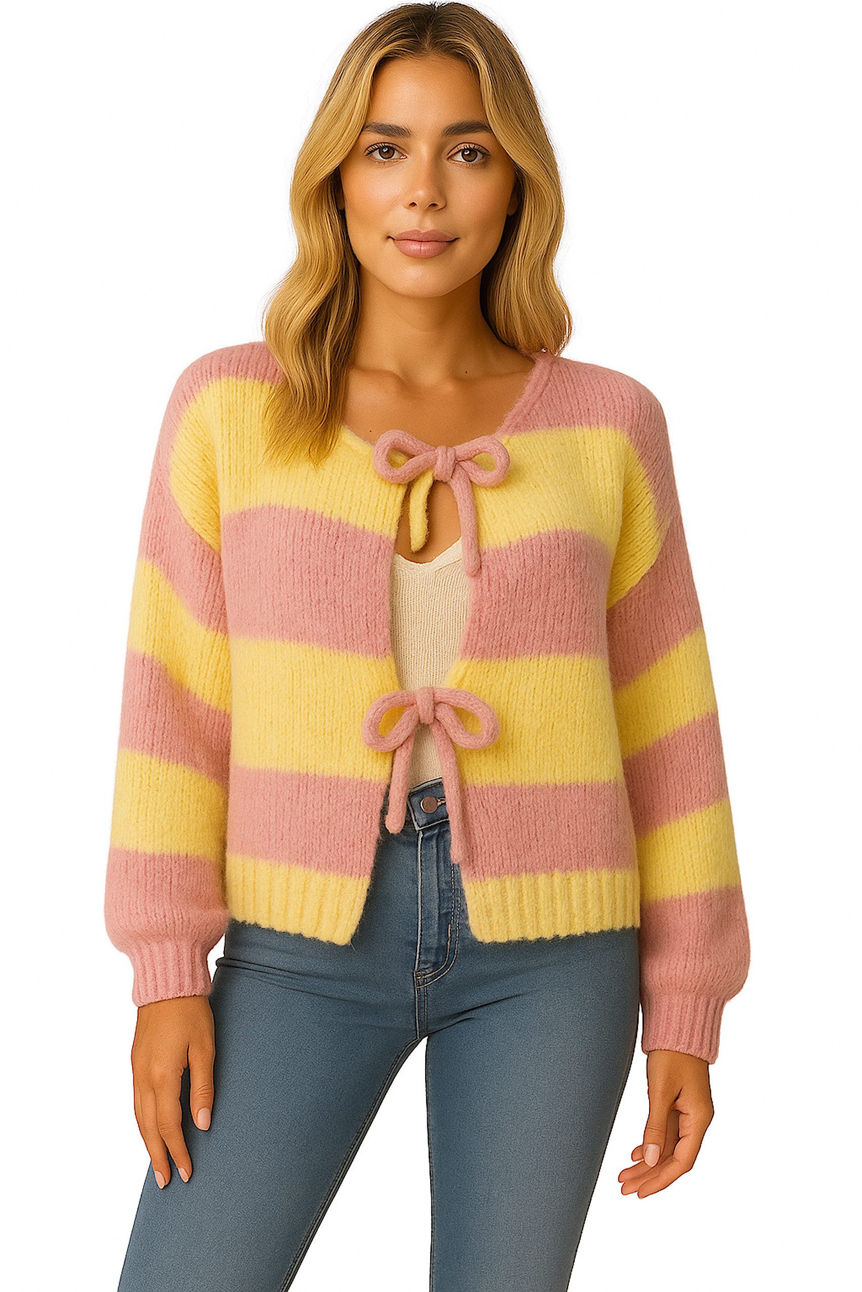 Worldclassca Cardigan WORLDCLASSCA Damen Cardigan Oversize Strickjacke mit Schleife Streifen Neue Kollektion - Stilvolle und gemütliche Strickmode für Damen