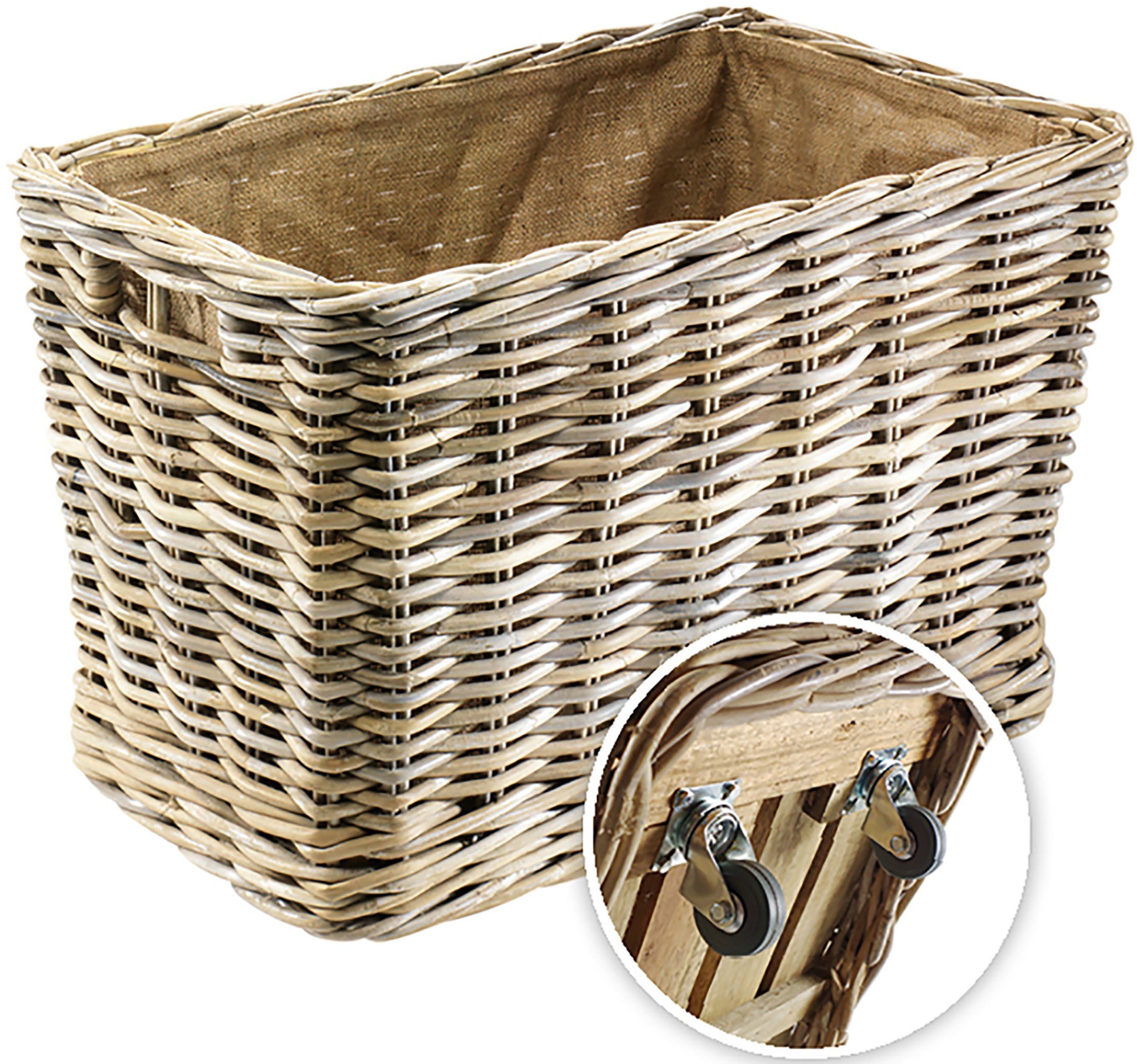 Kobolo Kaminholzkorb Holzkorb aus Rattan mit Jute und stabilen Rollen