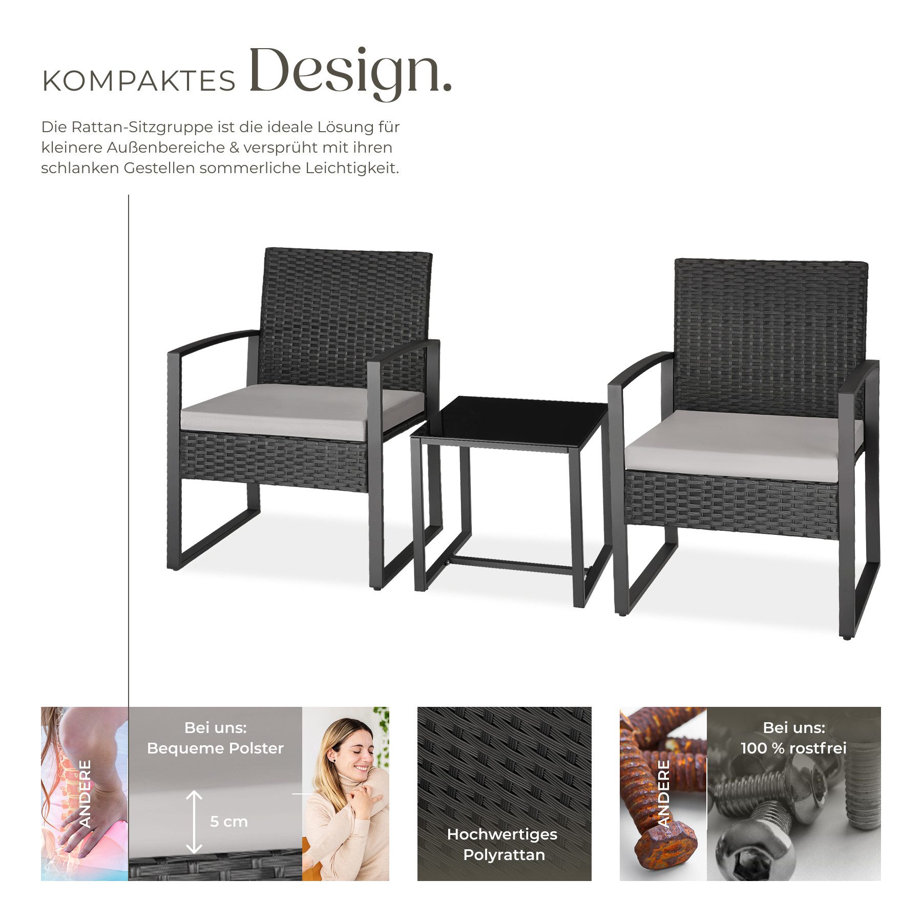 tectake Sitzgruppe gemütliche rattan lounge für zwei personen, (Rattan Lounge Granada, 3-tlg., in hellgrau/schwarz), UV-beständiges Polyrattan mit abnehmbaren B – Bild 3 von 5