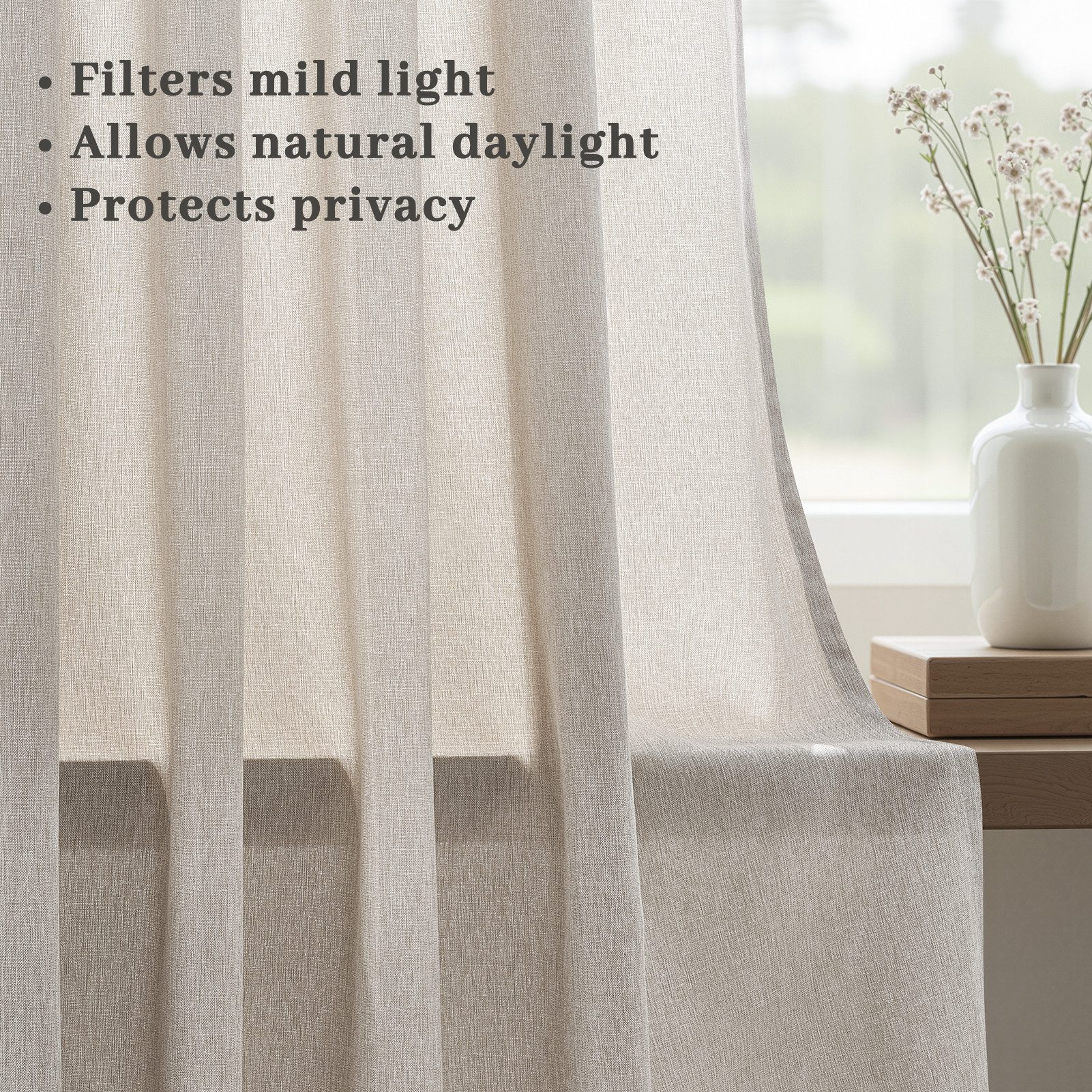 Topfinel Gardine wohnzimmer modern mit ösen leinenoptik boho leinen schlafzimmer, Ösen, halbtransparent, vorhänge Filterung Lichtdurchlässig Beige Leinen Natur 140x225