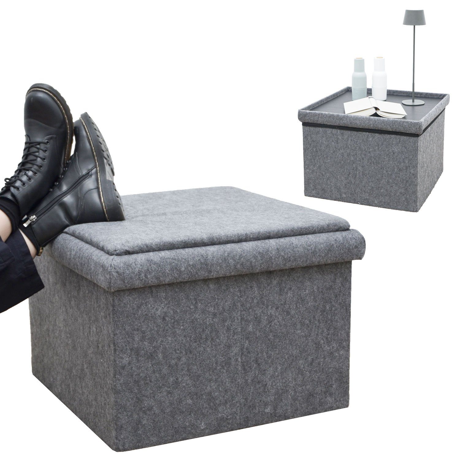 DuneDesign Couchtisch 3-in-1 Sofa Hocker mit Stauraum 56x56x40 Filz, Beistellhocker Sitzhocker Grau