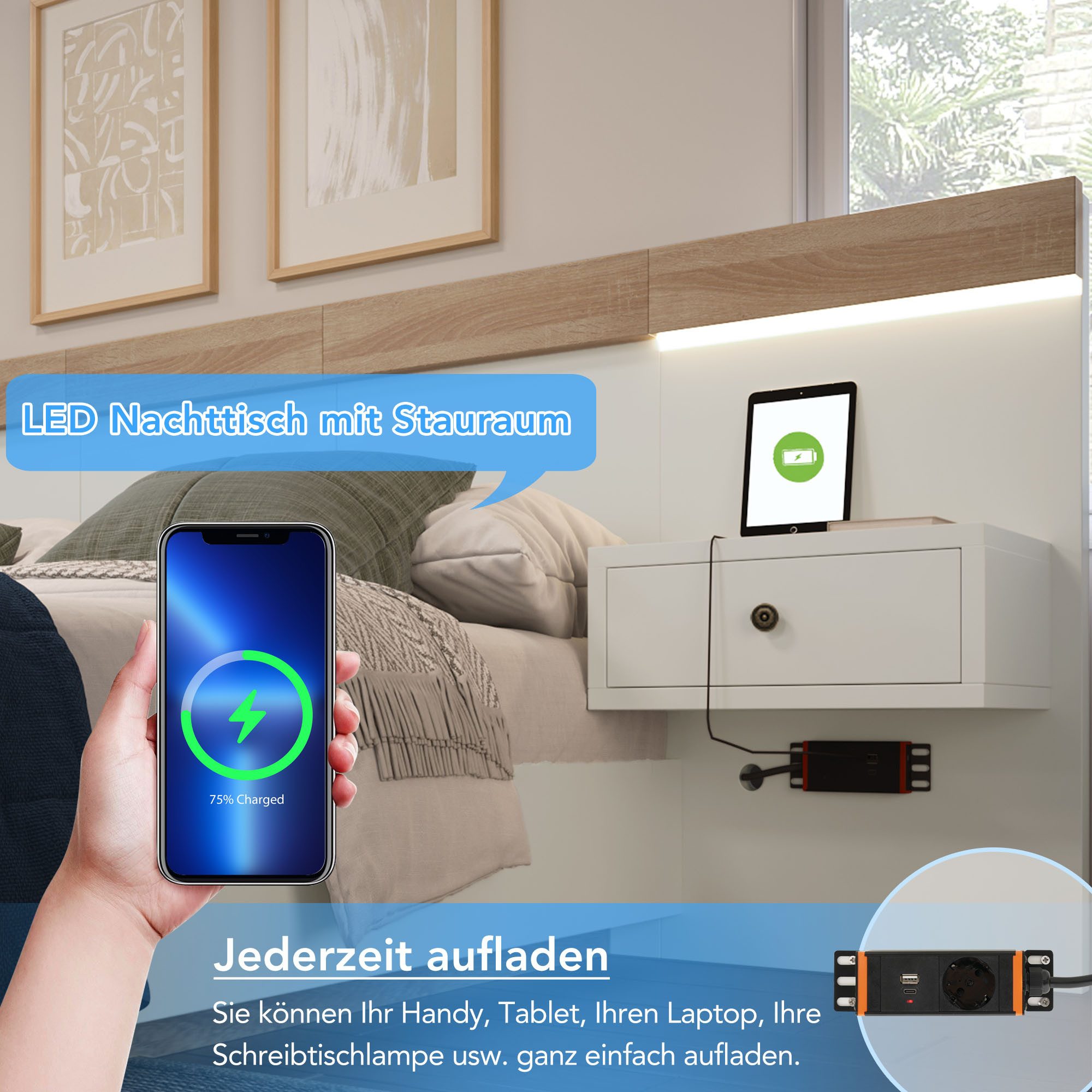 STILVORA Jugendbett 140×200 mit Nachttischen,Bettgestell Holzbett mit LED-Leucht&USB-C (Kiefernholz Doppelbett 2 Nachttische mit LED und Steckdose, 2 Nachttischen Schlafzimmer Komplett), 140x200cm
