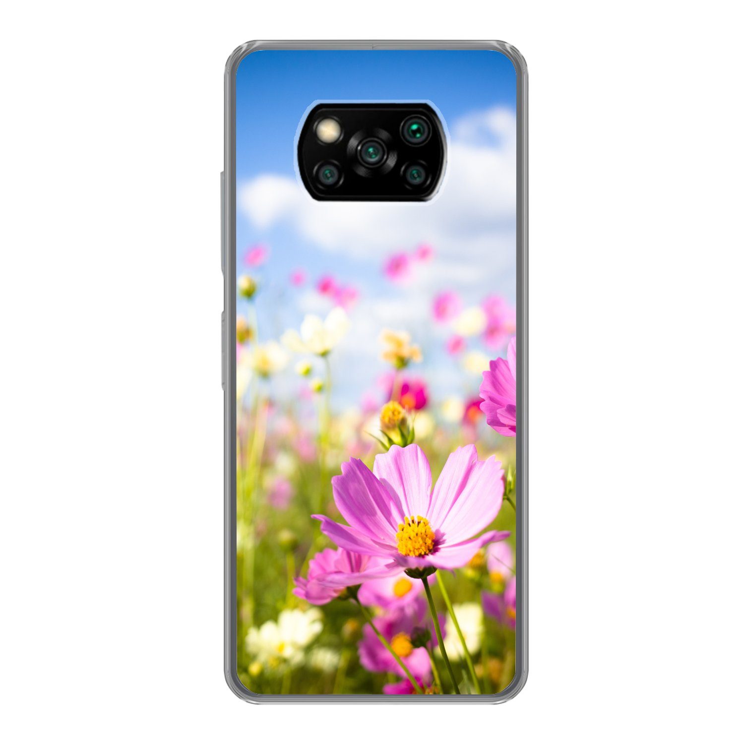 MuchoWow Handyhülle für Xiaomi Poco X3 Pro Blumen - Wiese - Lila - Gras - Weiß - Wolken -, Phone Case, Silikon, Schutzhülle Dünn