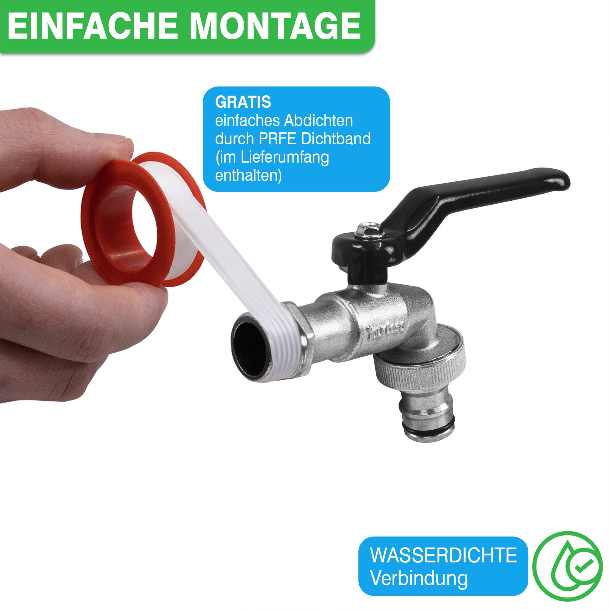 YourCasa Absperrventil Wasserhahn Garten 1/2 Zoll & 3/4 Zoll aus Messing, Messing, Schnellkupplung, Adapter auf 3/4 Zoll – Bild 4 von 5