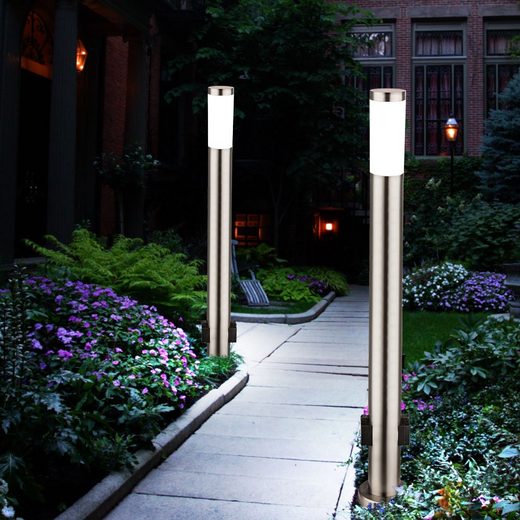 etc-shop LED Außen-Stehlampe, 2er Set LED 7 Watt Energie Strom Outdoor Verteiler 2-Fach Steckdosen Edelstahl