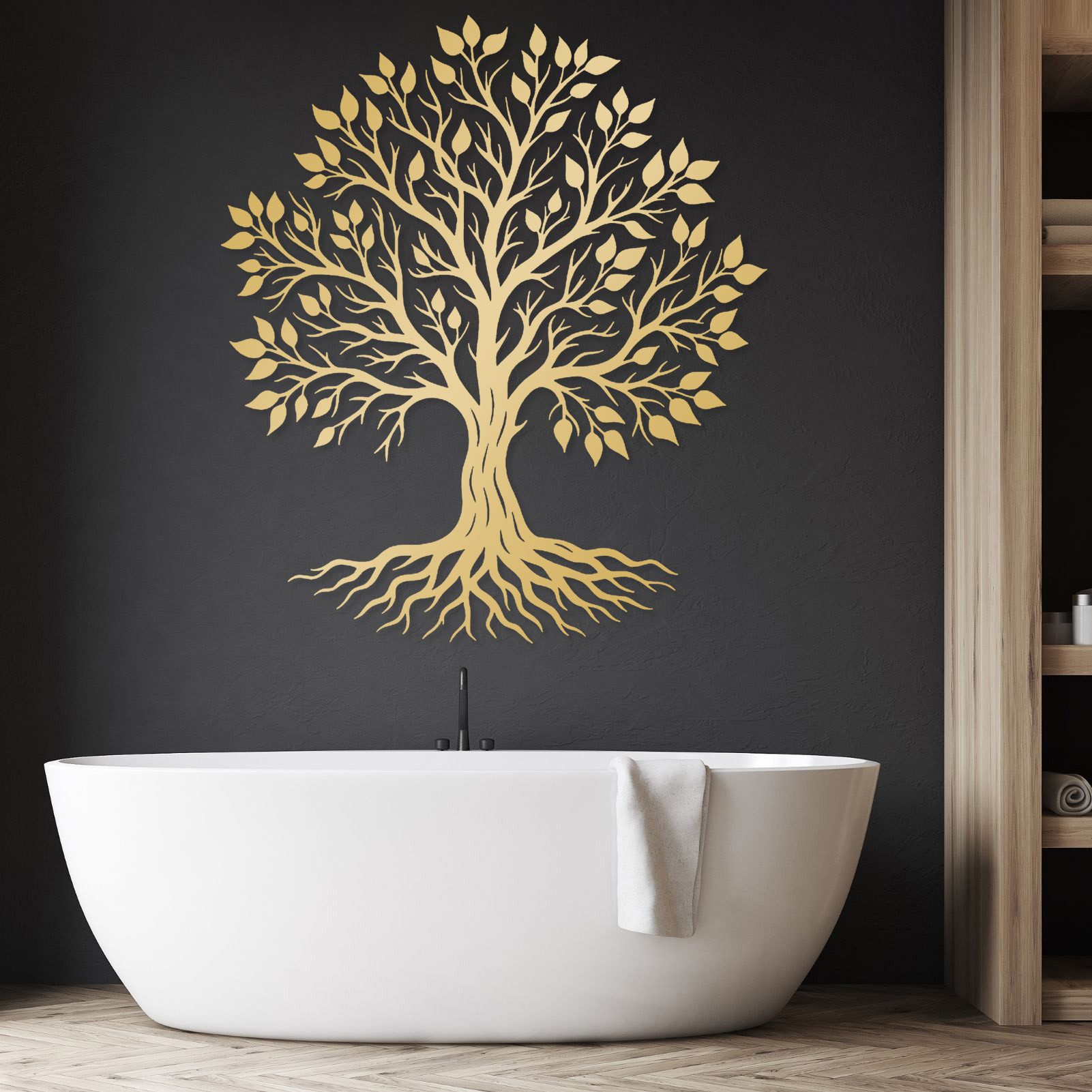 Jumpeak Wanddekoobjekt Wanddekoration „Baum des Lebens“, Tropfenförmige Blätter, üppiger Baum, Metall, 4 Farben, 2 Größen,Naturstil, Linienkunst, Dichten Wurzeln
