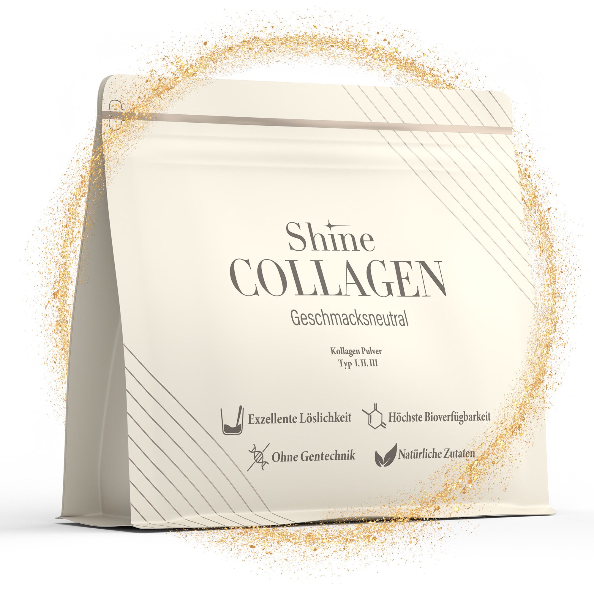 Shine Collagen Pulver - 100% Kollagen Peptide, Premium Hydrolsat Typ 1,2 und 3 Pulver, 300 g, Perfekte Löslichkeit, Geschmachsneutral