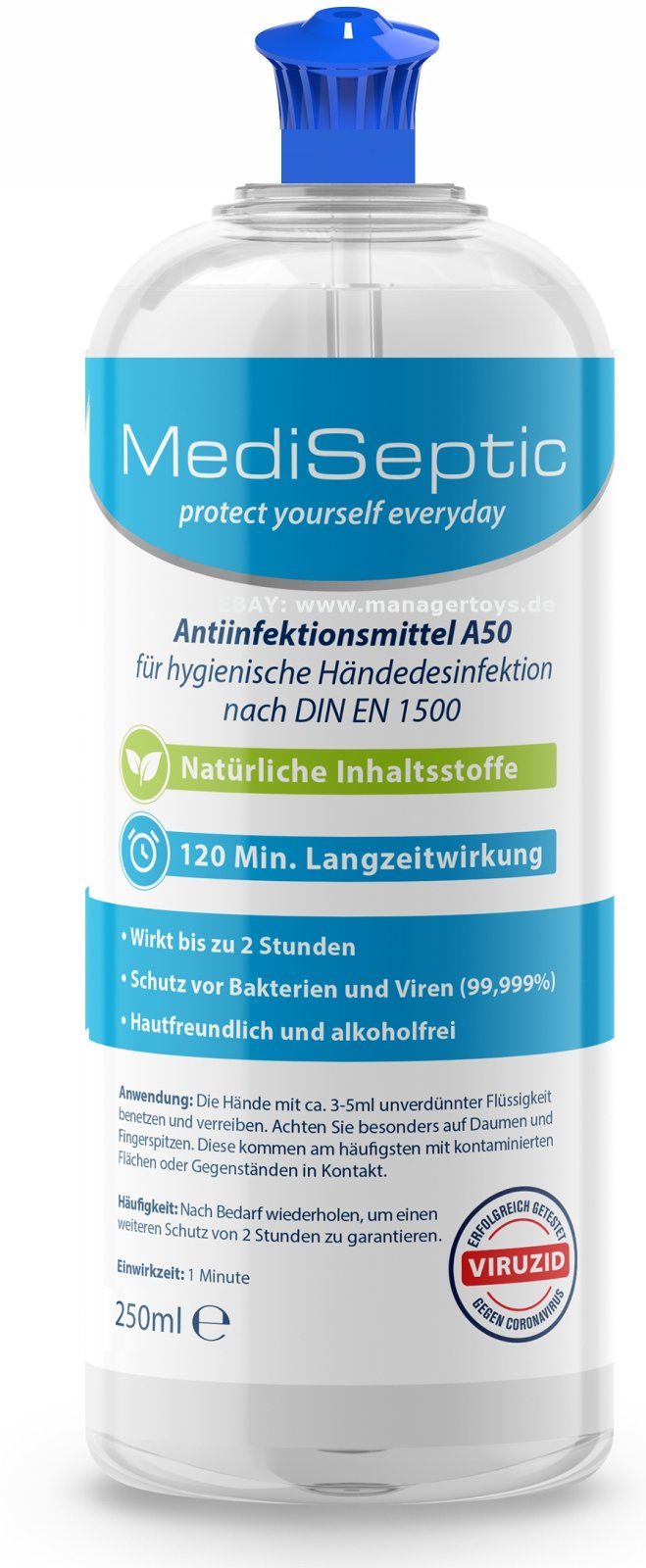 MediSeptic Hautcreme Hand Anti-Infektion 2 zur zusätzlich Desinfektion Schutz, ml Hände Antiinfektionsmittel h Desinfektion 99,9% 250 MediSeptic