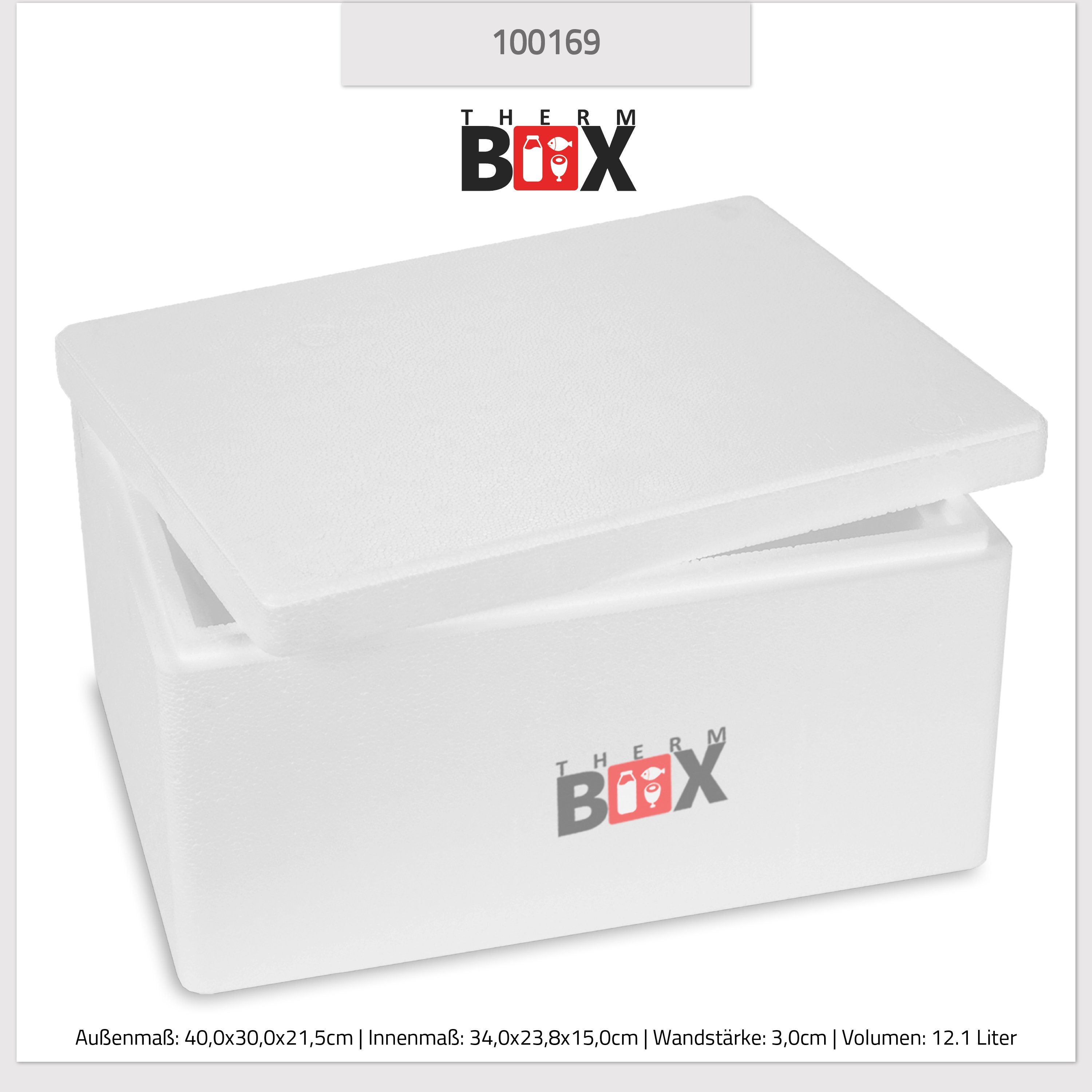 12W Wand: Thermobox Styropor-Verdichtet, (1, 3cm 12,1L Kühlbox THERM-BOX Isolierbox Warmhaltebox mit im 0-tlg., Karton), Wiederverwendbar Innenmaß:34x23x15cm, Box Deckel Thermobehälter Styroporbox