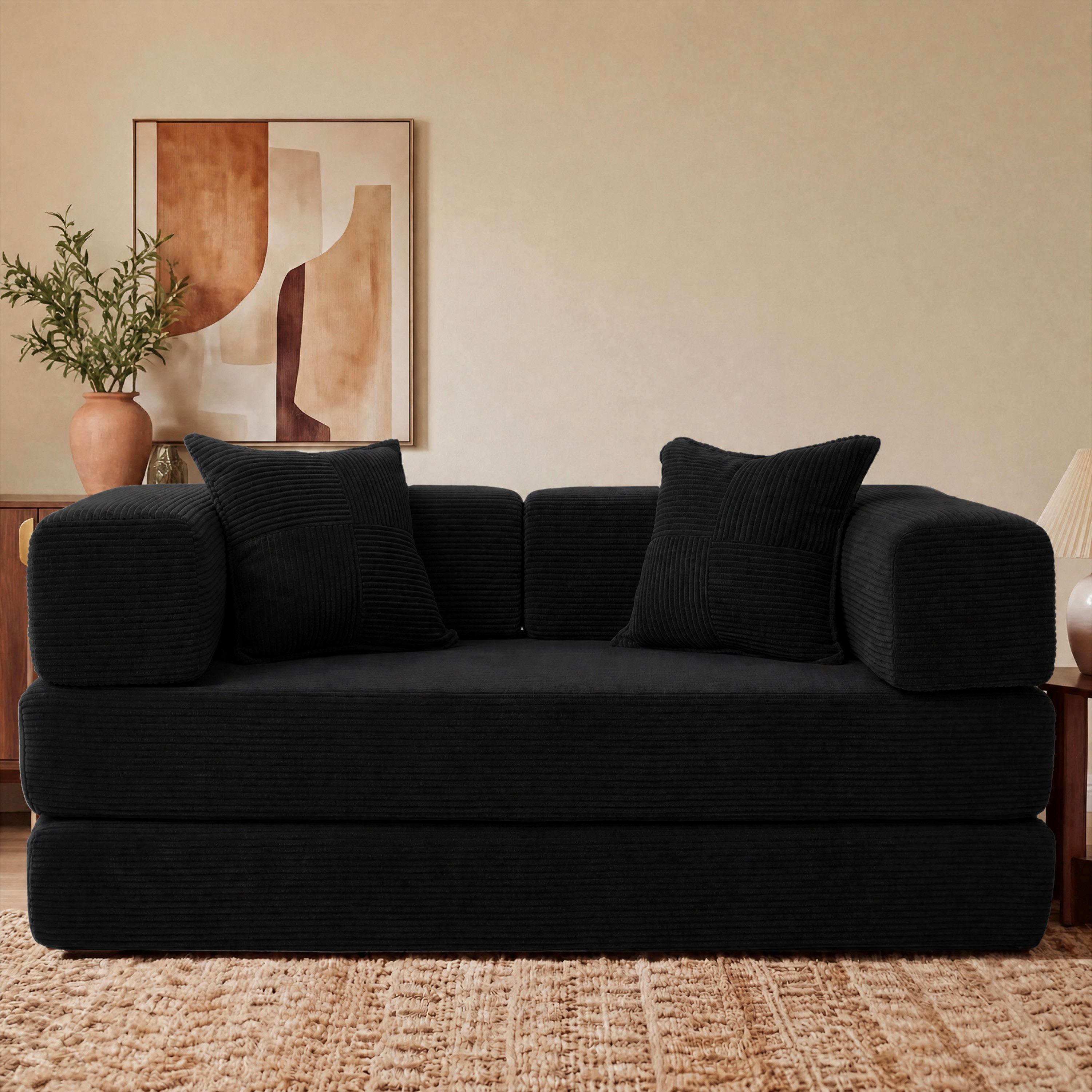 Vipbear Sofa 5-in-1 Wandelsofa aus Cord, Modulares Bodensofa, 2-sitzer, 1 Teile, montagefrei, Schlafsofa 160x180cm Schwarz