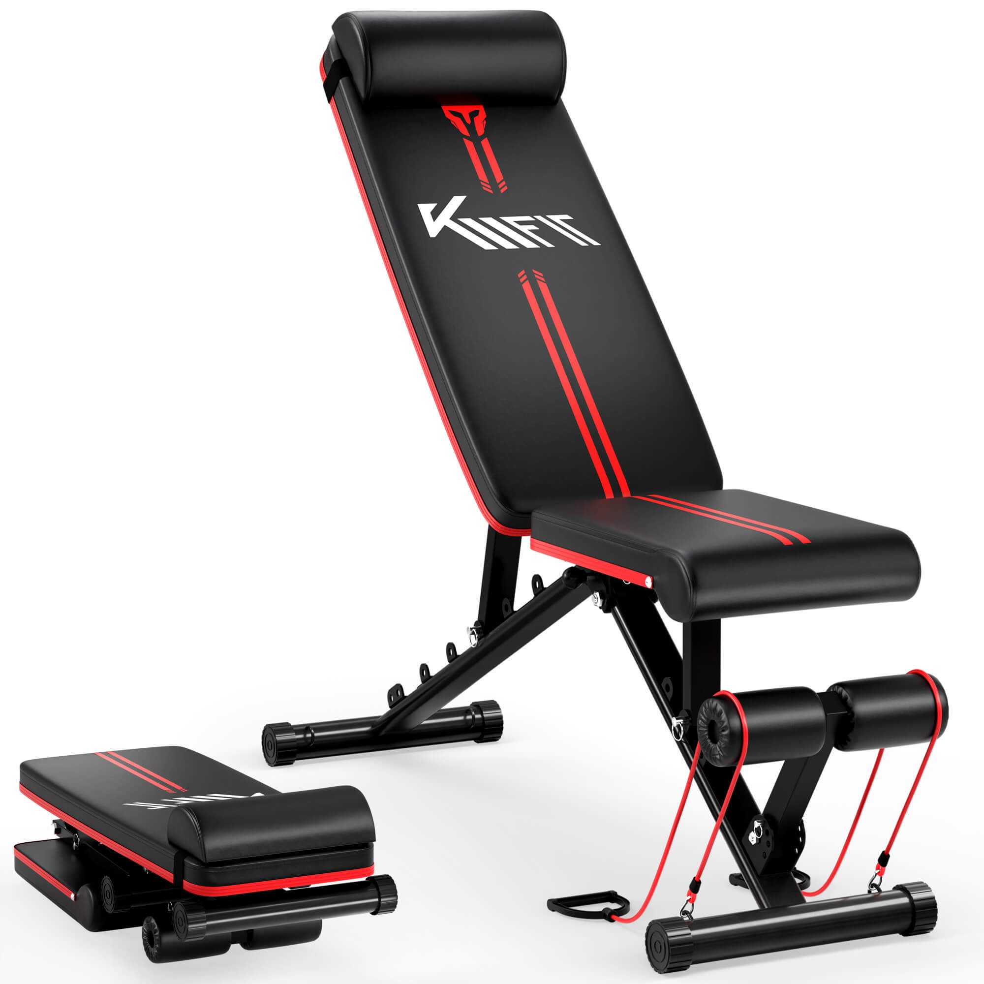 KM - Fit Hantelbank Hantelbank klappbar, 400 kg, verstellbar, inkl. Zugbänder, (Set), Übungen für Brust, Rücken, Bauch, Beine & Arme möglich