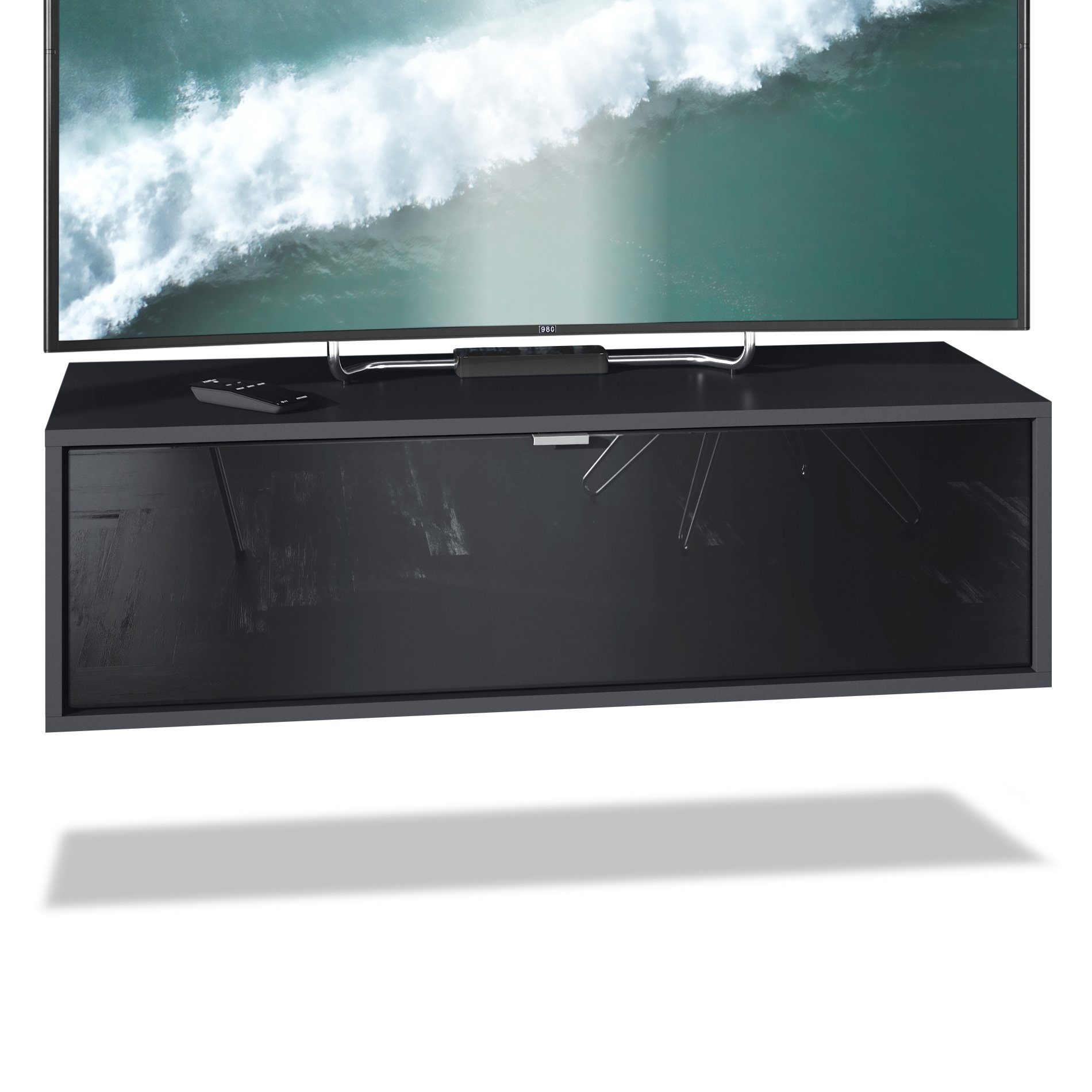 Vladon Lowboard Lana 1000 (TV-Kommode, mit Klappe), Schwarz matt/Schwarz Hochglanz (100 x 29 x 37 cm)