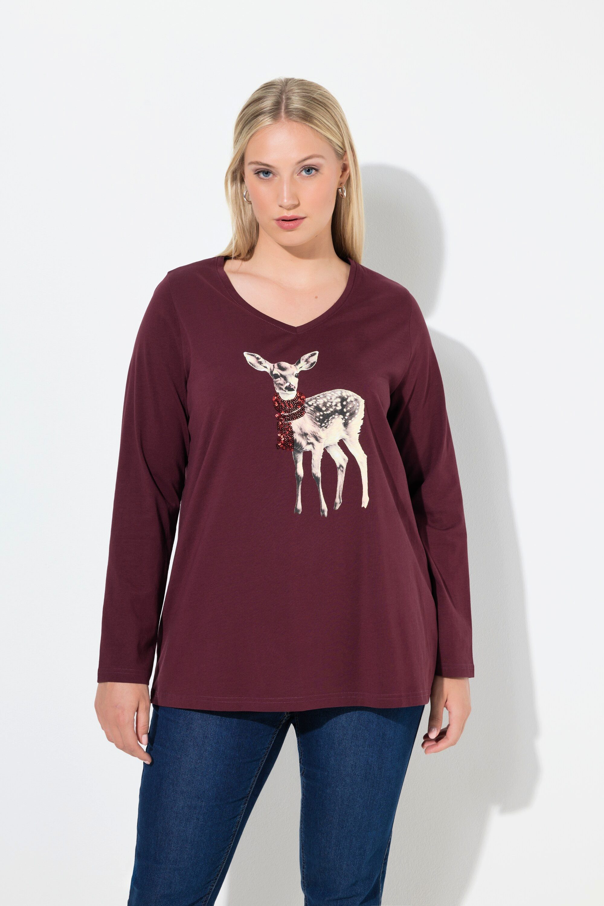 Ulla Popken Longsleeve Shirt Rehkitz Pailletten A-Linie V-Ausschnitt günstig online kaufen
