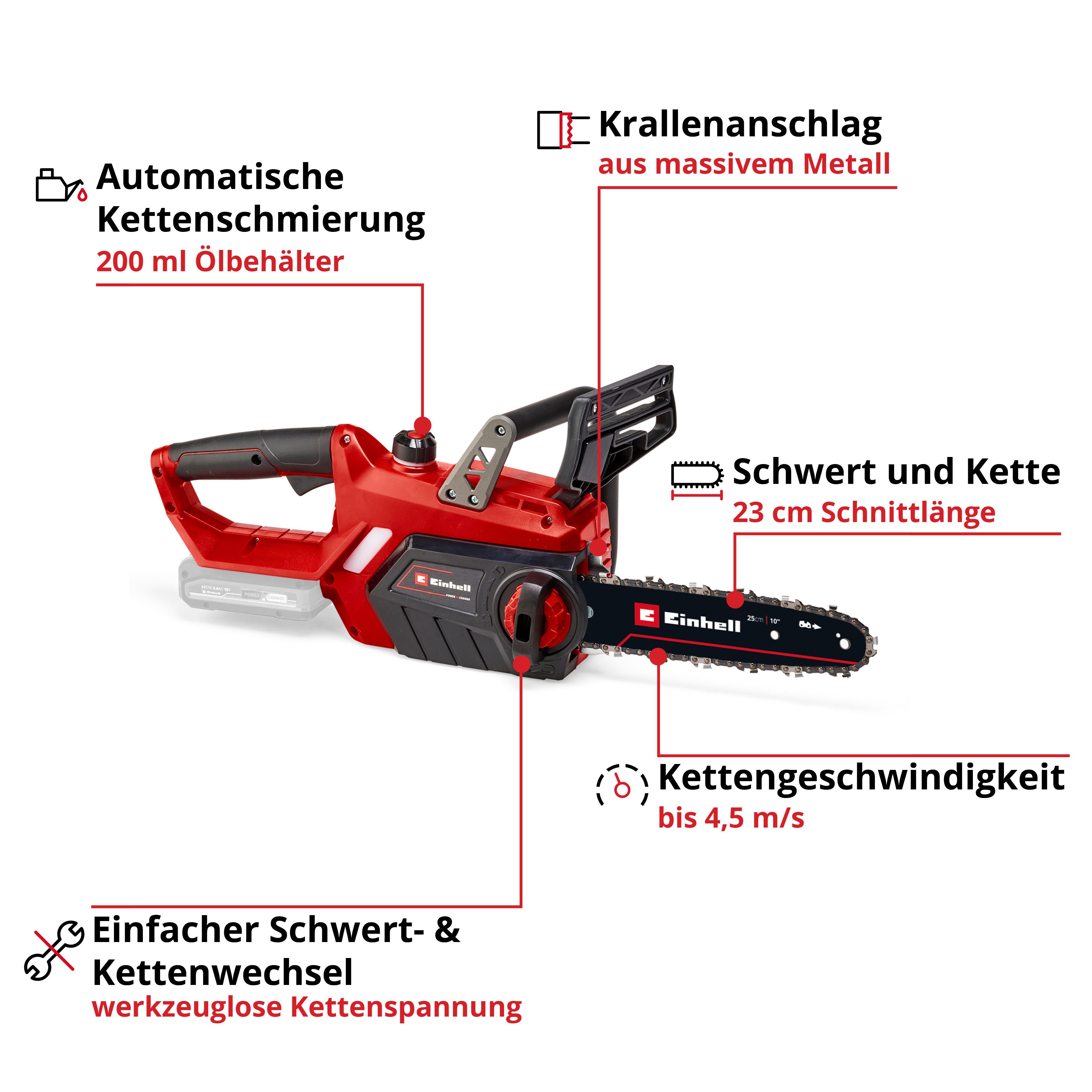 Einhell Akku-Kettensäge GE-LC 18/25 Li-Solo, 25 cm Schwertlänge, ohne Akku und Ladegerät