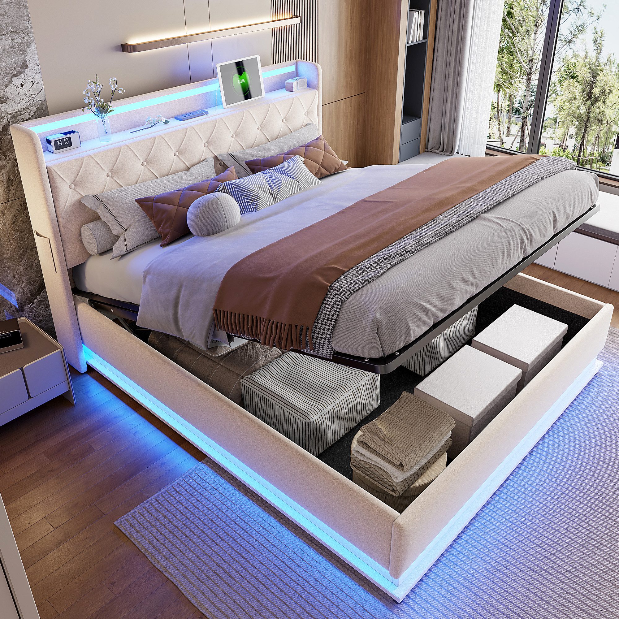 Merax Polsterbett mit LED-Beleuchtung & USB-Ladeanschluss günstig online kaufen