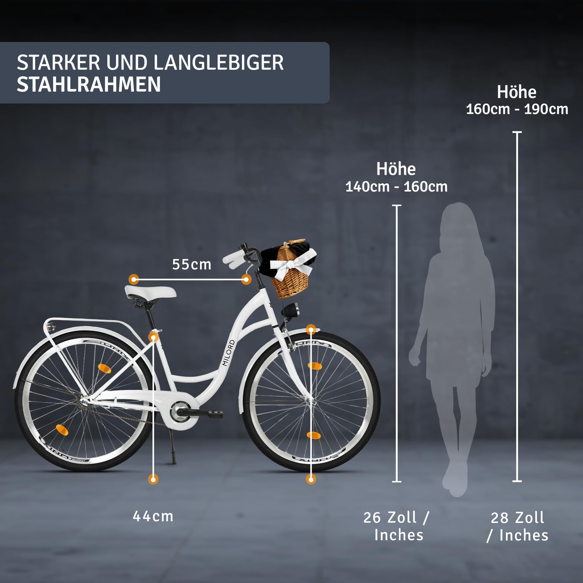 Milord Cityrad Milord City Fahrrad Weidenkorb Damenfahrrad, 28/26 Zoll, Weiß, 1-Gang, 1 Gang, (Fahrradständer, Gepäckträger, Klingel, Korb, Kotflügel)