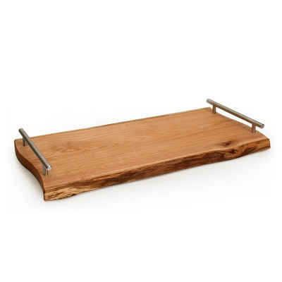 Kreative Feder Tablett Serviertablett Eiche aus geräuchertem Eichenholz mit 2 Edelstahl Tragegriffen, Eichenholz, Designerbrett aus hochwertigem Echtholz