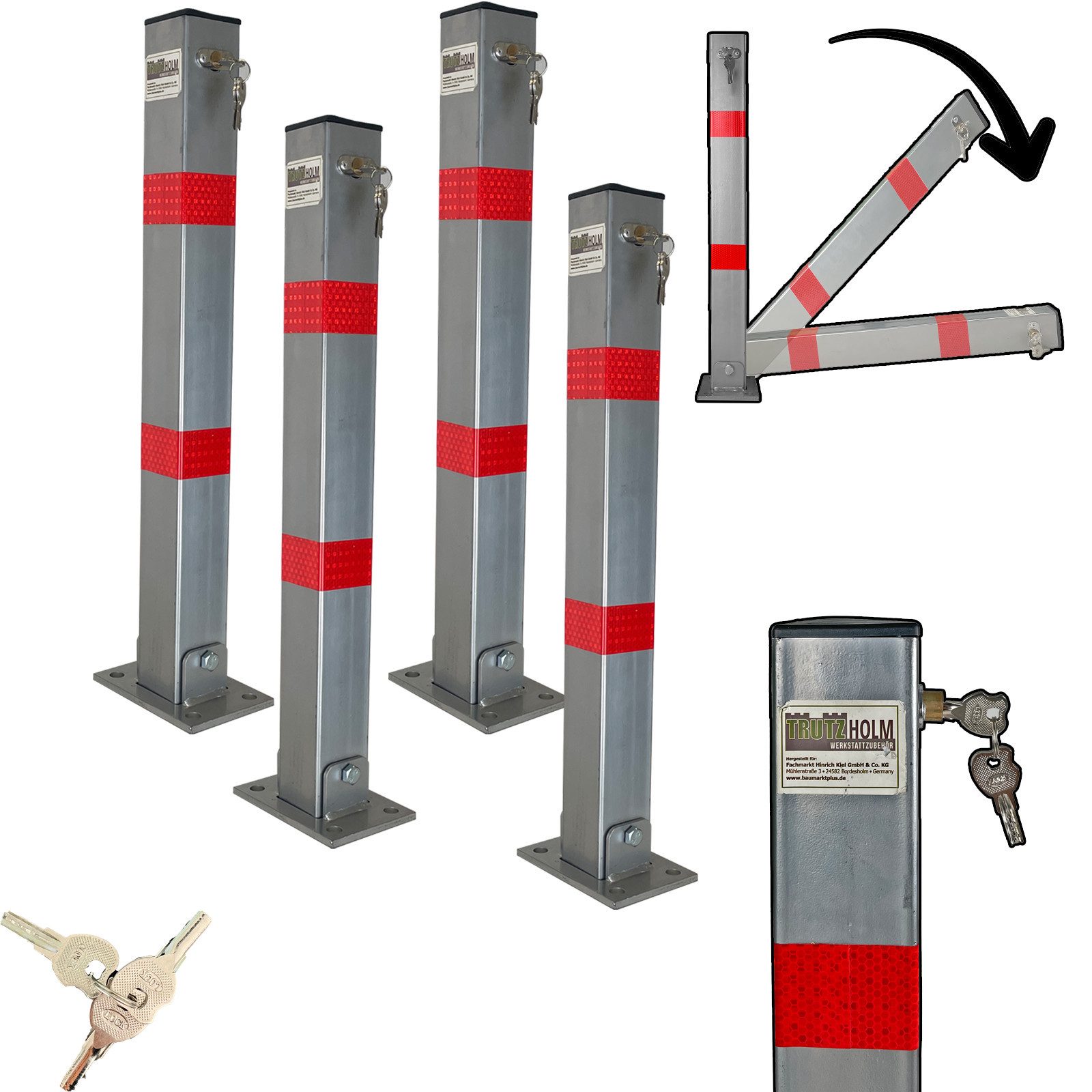 TRUTZHOLM Absperrpfosten 4x eckig Parkplatzsperre Sperrpfosten klappbar Standfuß (4erSet), Signalstreifen