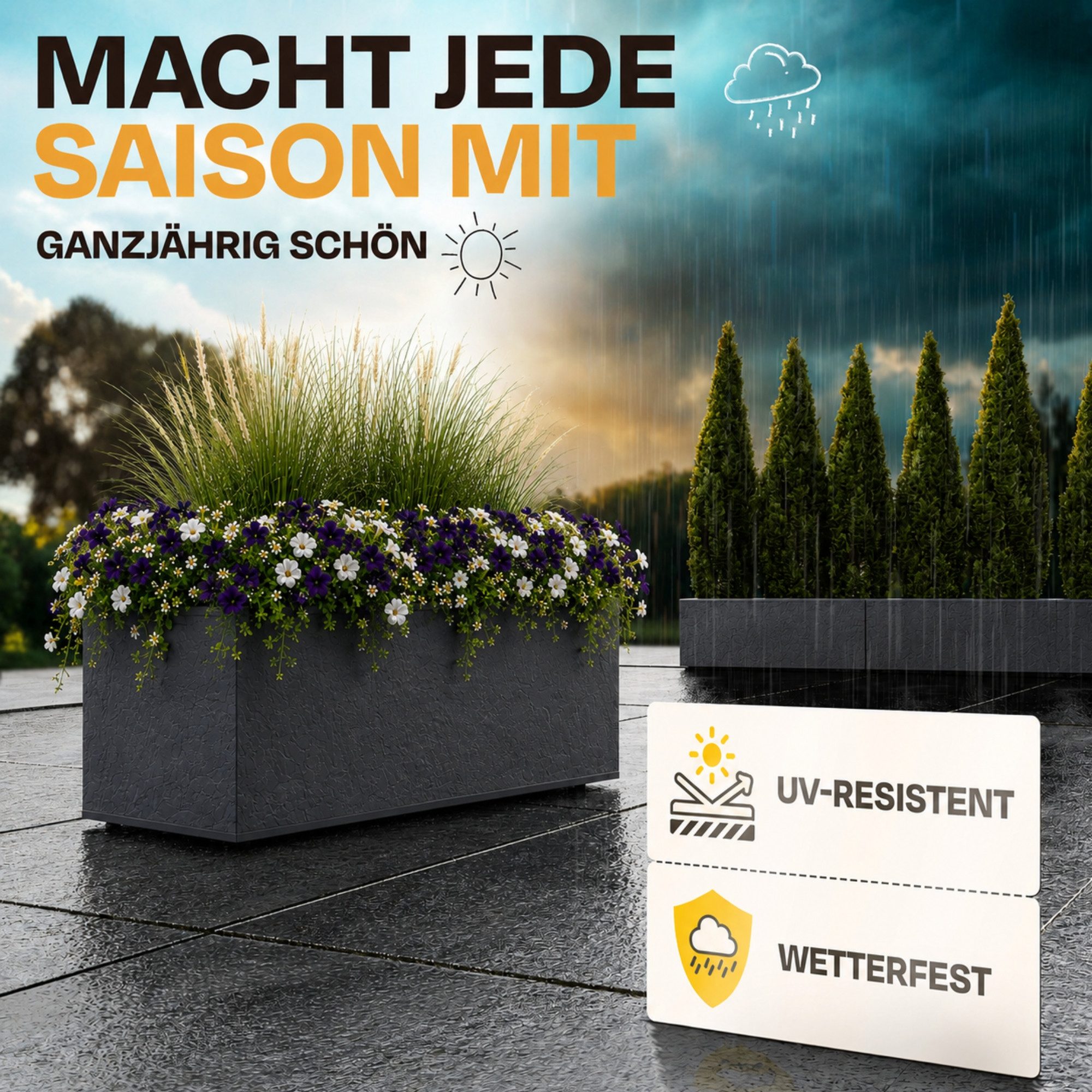 ONDIS24 Blumenkasten Vulkan 57L Gestein/Basalt Optik mit Wasserspeicher Pflanzenkasten, 79.5 x 29.5 x 29.5 (H) cm – Bild 5 von 5