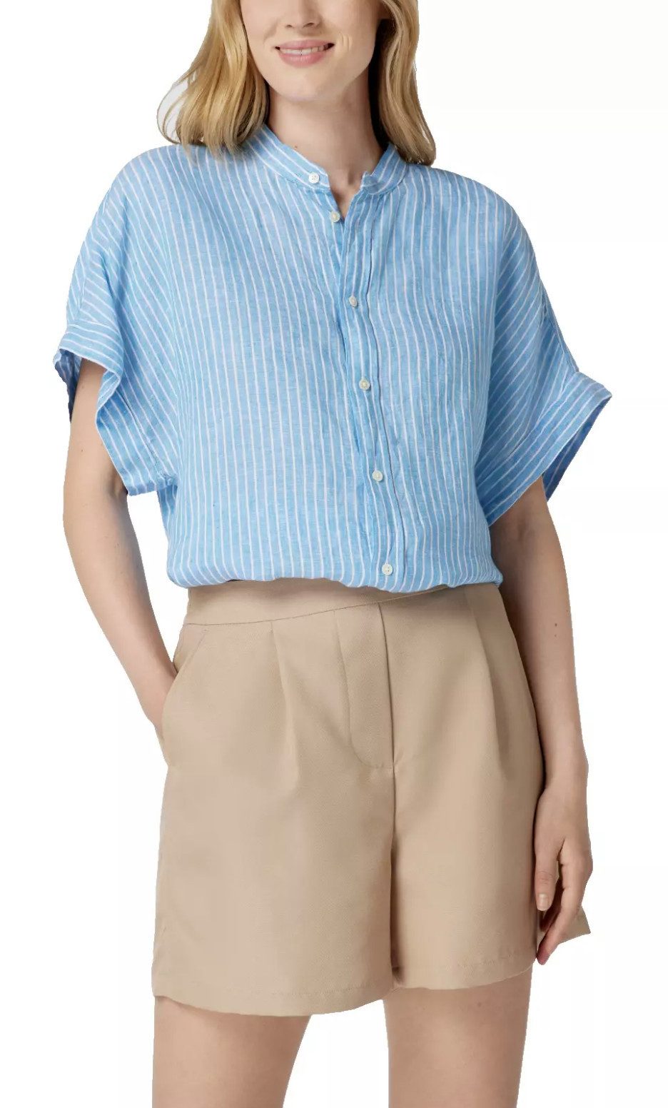 Polo Ralph Lauren Leinenhemd Damen Leinenbluse mit Mao-Kragen Dolman-Ärmel mit fixierten Bündchen, Raffungen am Rückenpasse