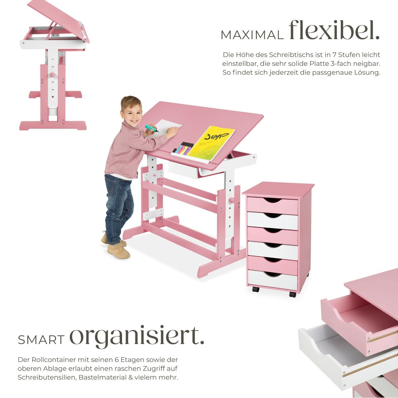 tectake Kinderschreibtisch Höhenverstellbarer Jugendschreibtisch, elektrisch, abgerundete (Schülerschreibtisch, 1-St., in rosa), Aus Holz, Tischplatte neigbar & – Bild 3 von 5