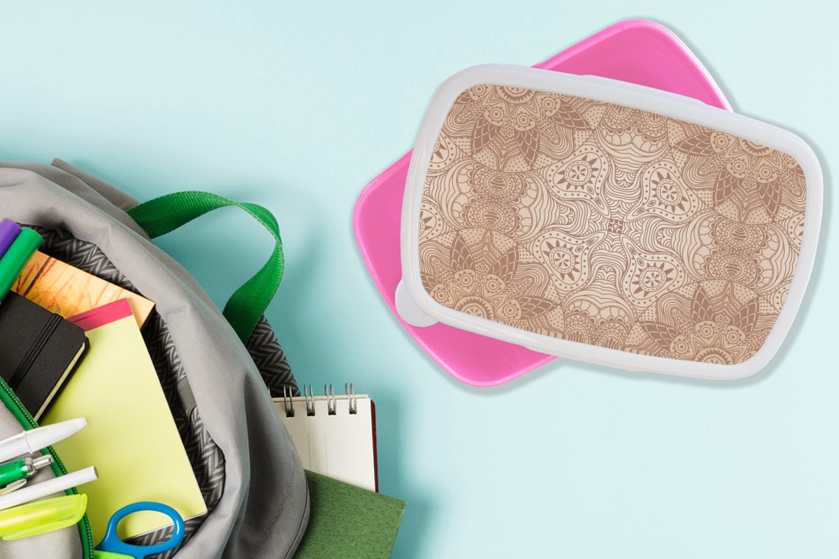MuchoWow Lunchbox Henna Brotbox - - Kunststoff (2-tlg), Erwachsene, Kinder, für Schablonen, Snackbox, Brotdose rosa Mädchen, Mandala Kunststoff