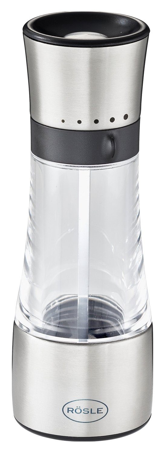 RÖSLE Gewürzmühle CLEAR, Ø 6 x H 18 cm, Edelstahl 18/10, Kunststoff, manuell, 5-fach verstellbares Keramikmahlwerk