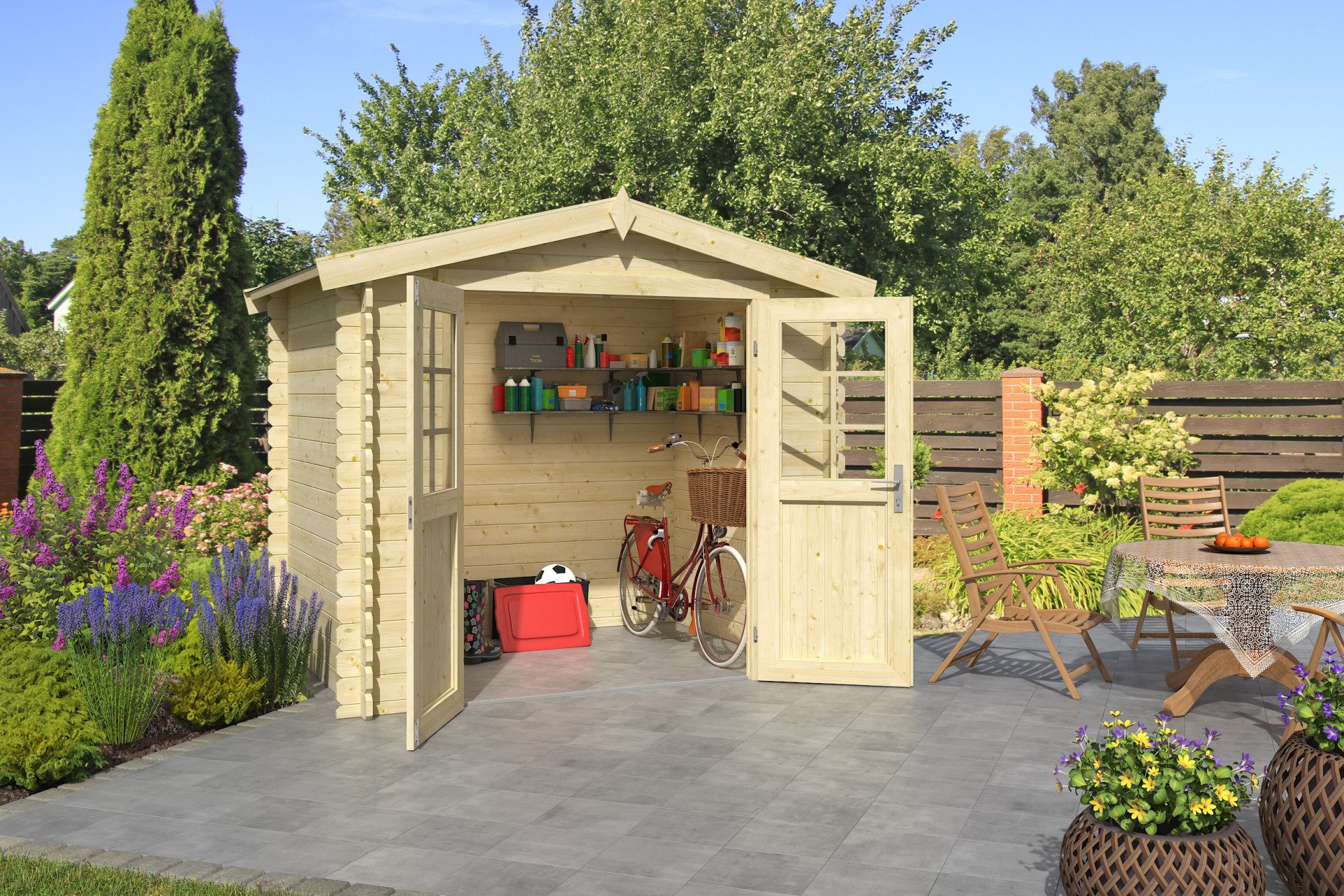 LASITA MAJA Gerätehaus 3x2m klein Holz Gartenhaus in 28mm Wandstärke, BxT: 230x175 cm, ohne Fußboden, mit Schindeln rot